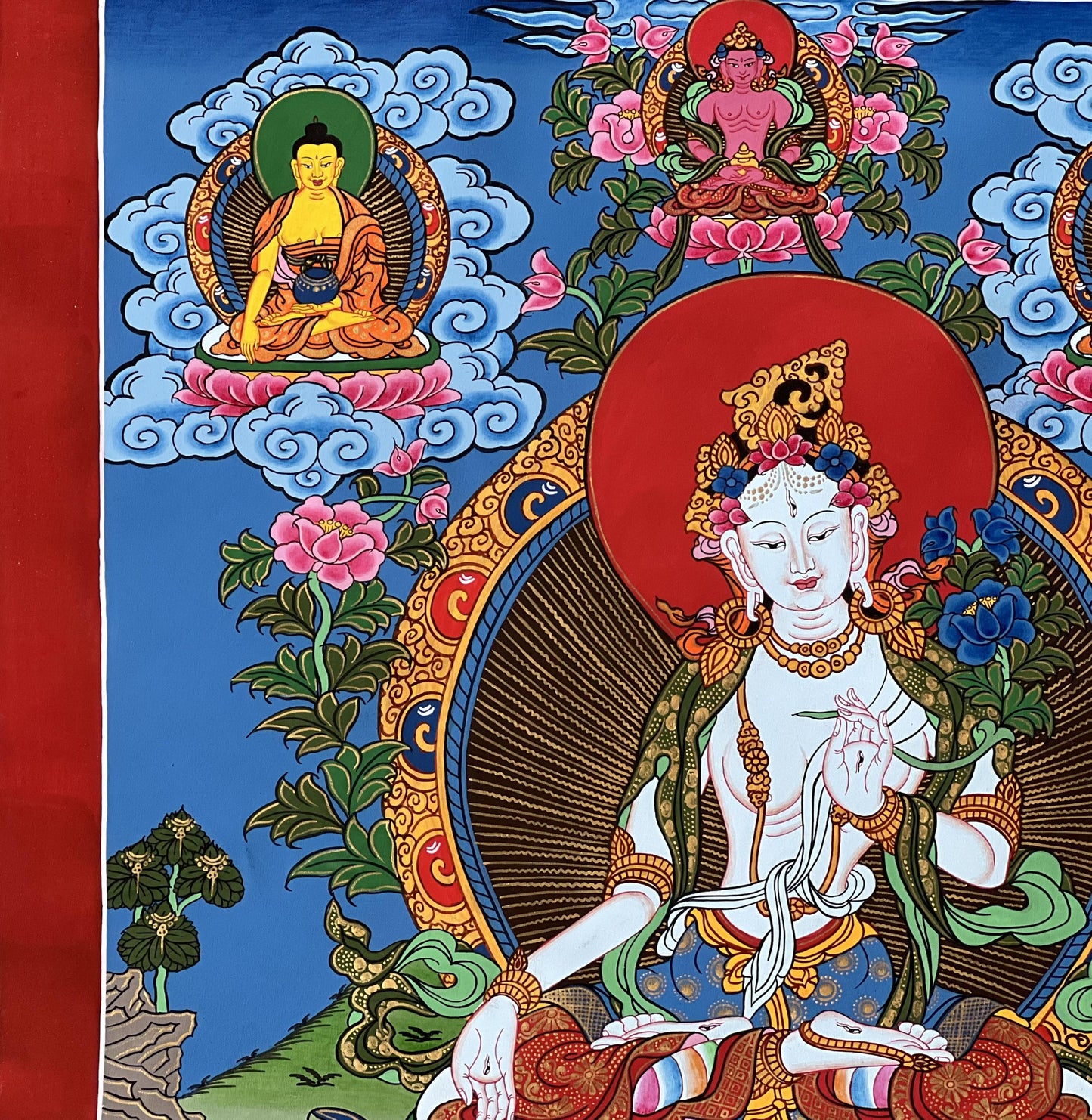 White Tara Thangka Painting with Silk Brocade - Tibetan Compassion Art