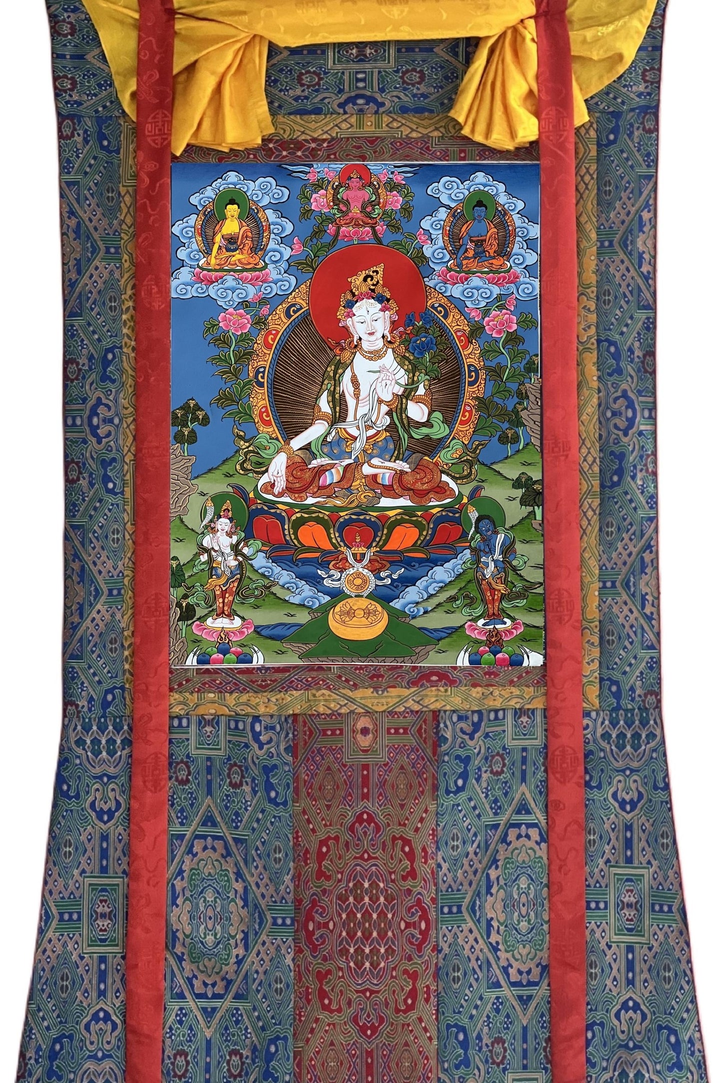 White Tara Thangka Painting with Silk Brocade - Tibetan Compassion Art