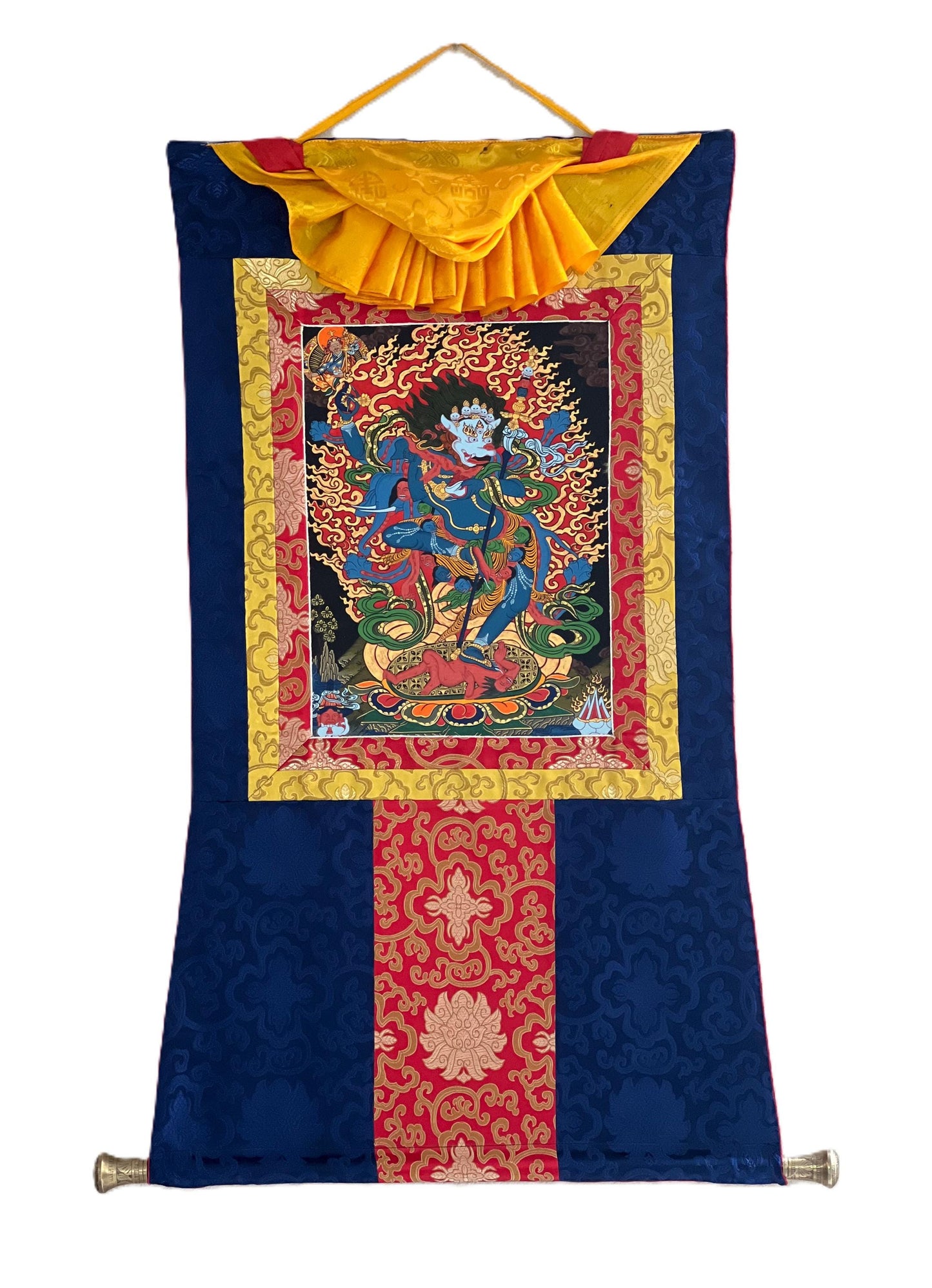 Hand-Painted Simhamukhi Thangka Painting with Silk Brocade