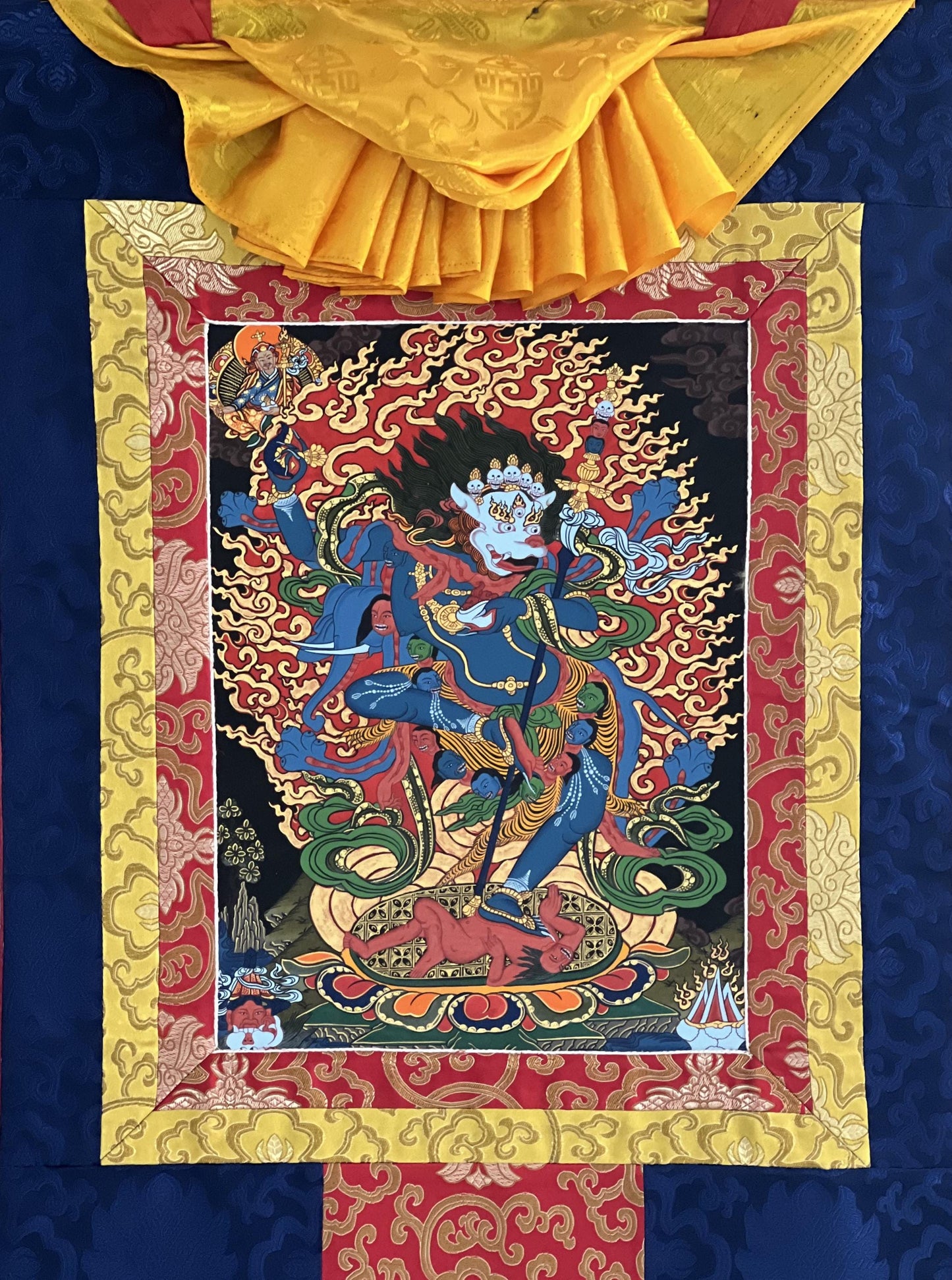 Hand-Painted Simhamukhi Thangka Painting with Silk Brocade