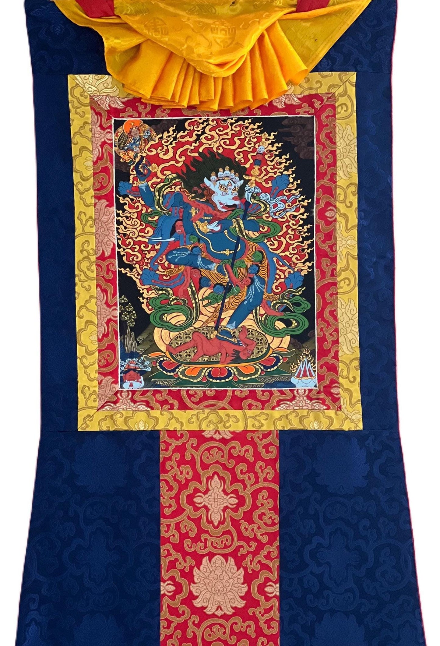 Hand-Painted Simhamukhi Thangka Painting with Silk Brocade