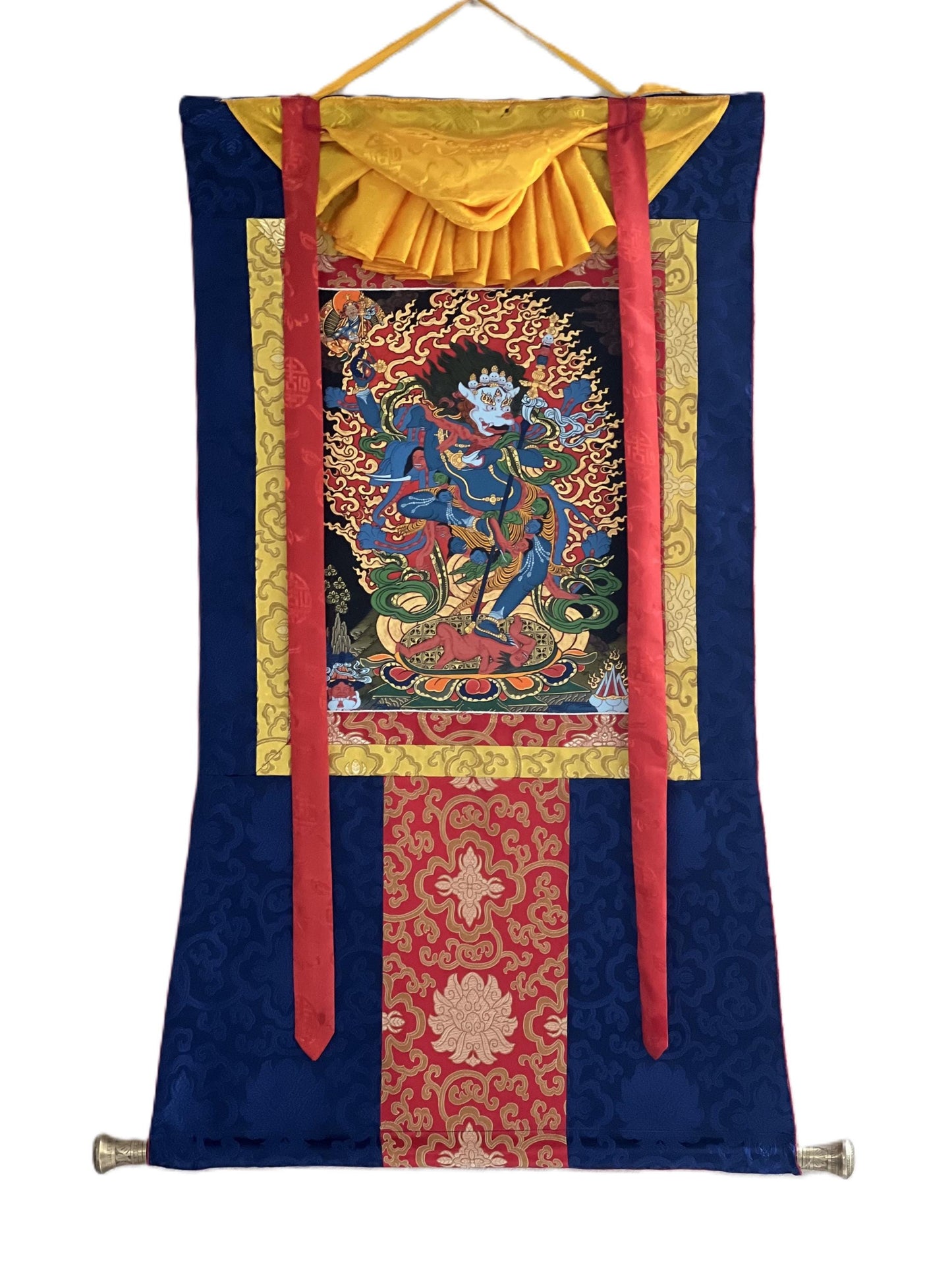 Hand-Painted Simhamukhi Thangka Painting with Silk Brocade