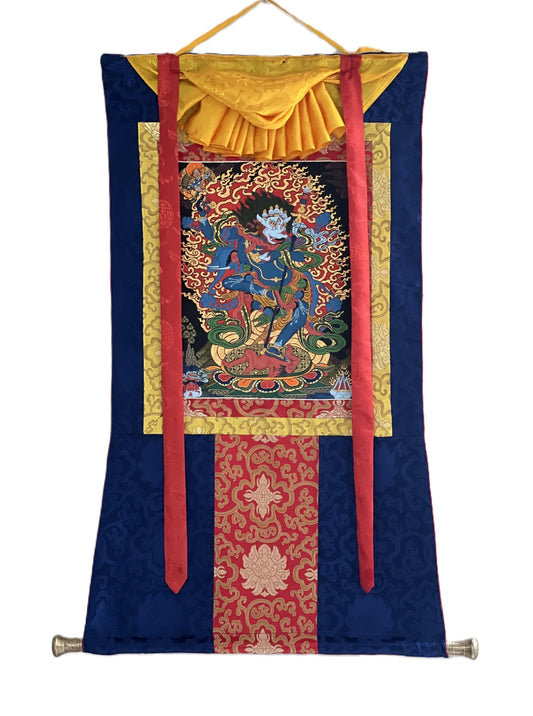 Hand-Painted Simhamukhi Thangka Painting with Silk Brocade