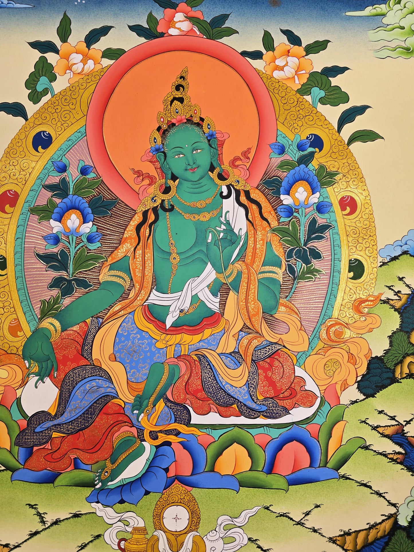 Hand-Painted Green Tara Thangka – Tibetan Buddhist Wall Art