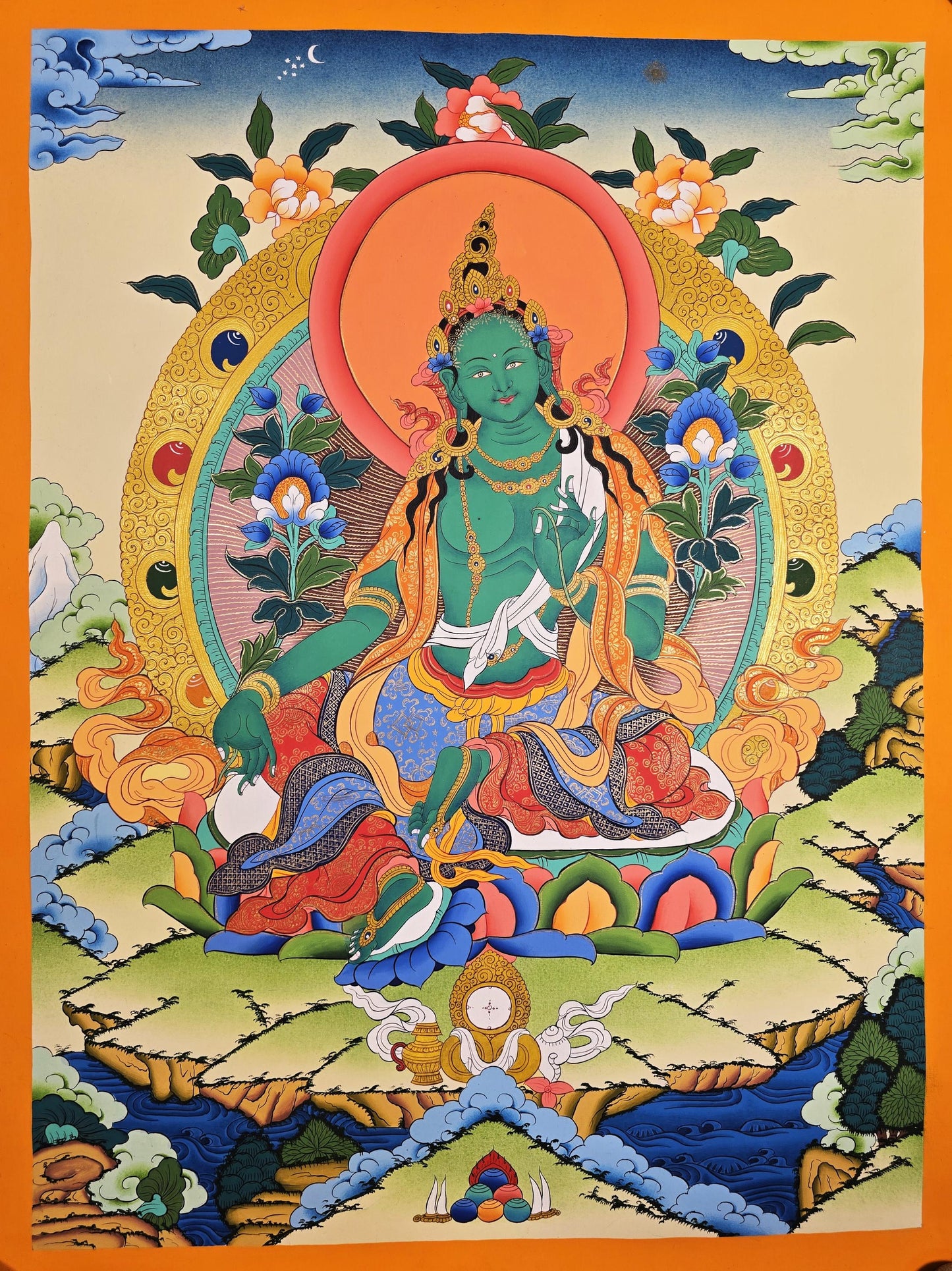 Hand-Painted Green Tara Thangka – Tibetan Buddhist Wall Art