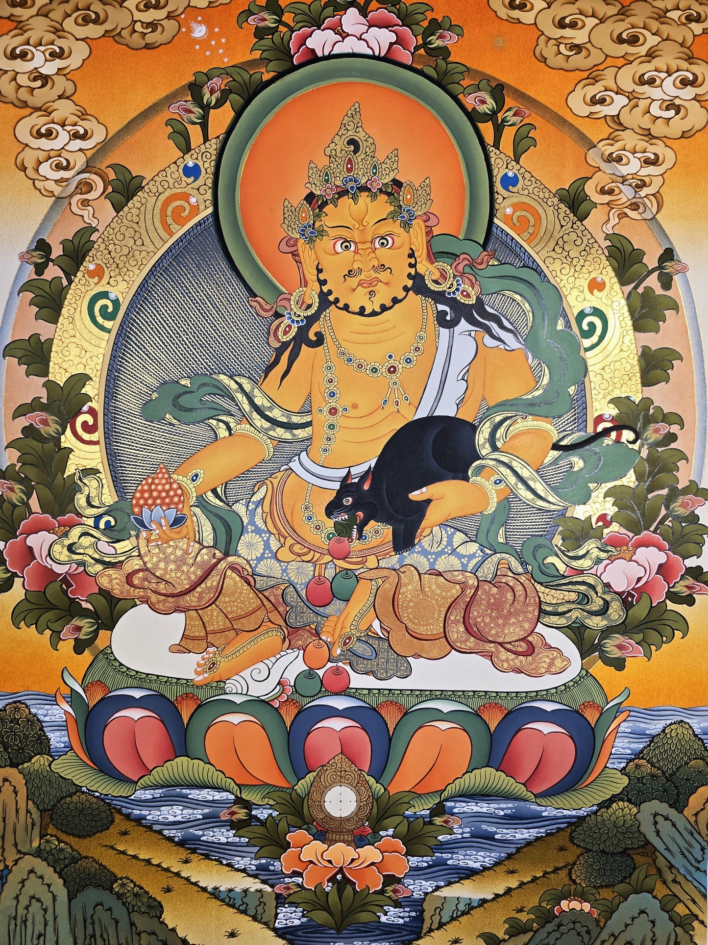 Hand-Painted Jambhala Thangka | Tibetan God of Wealth Art