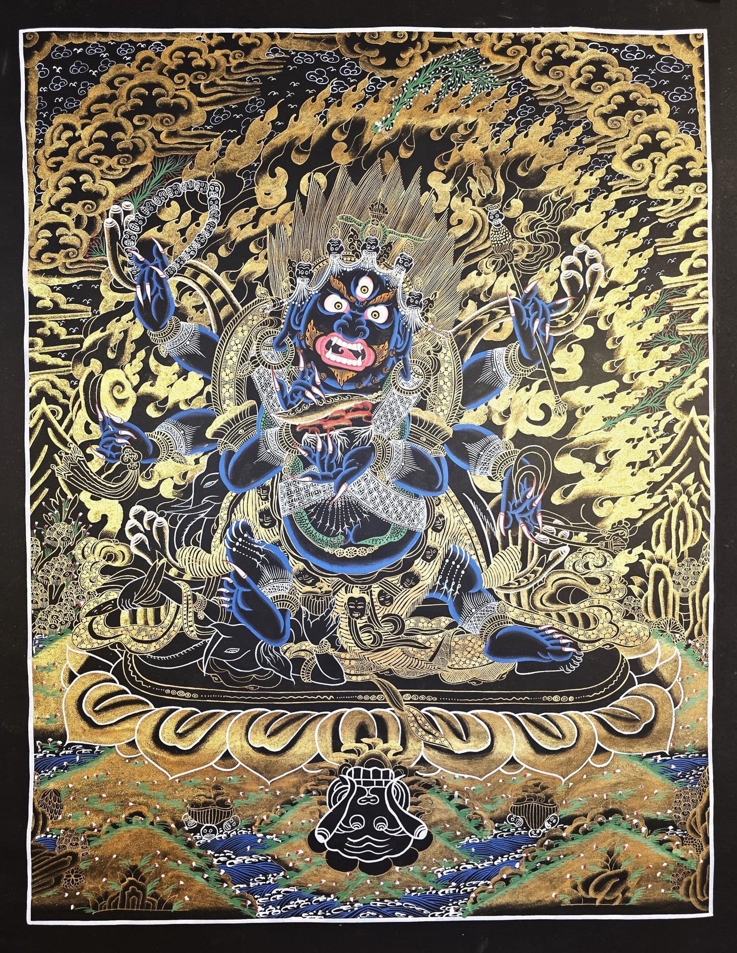 Hand-Painted Six-Armed Mahakala Thangka, Black and Gold Tibetan Art