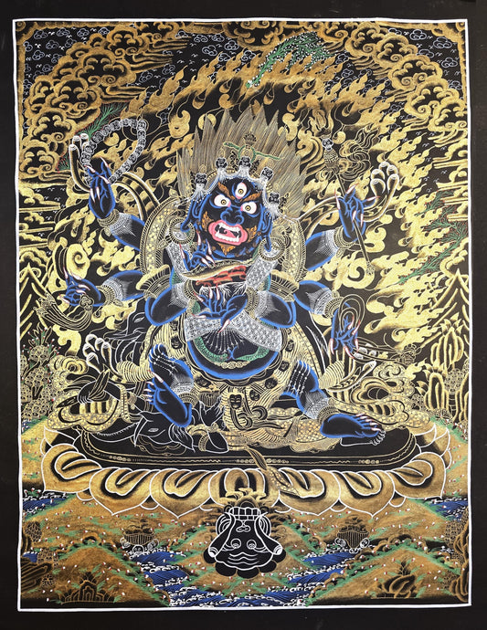 Hand-Painted Six-Armed Mahakala Thangka, Black and Gold Tibetan Art