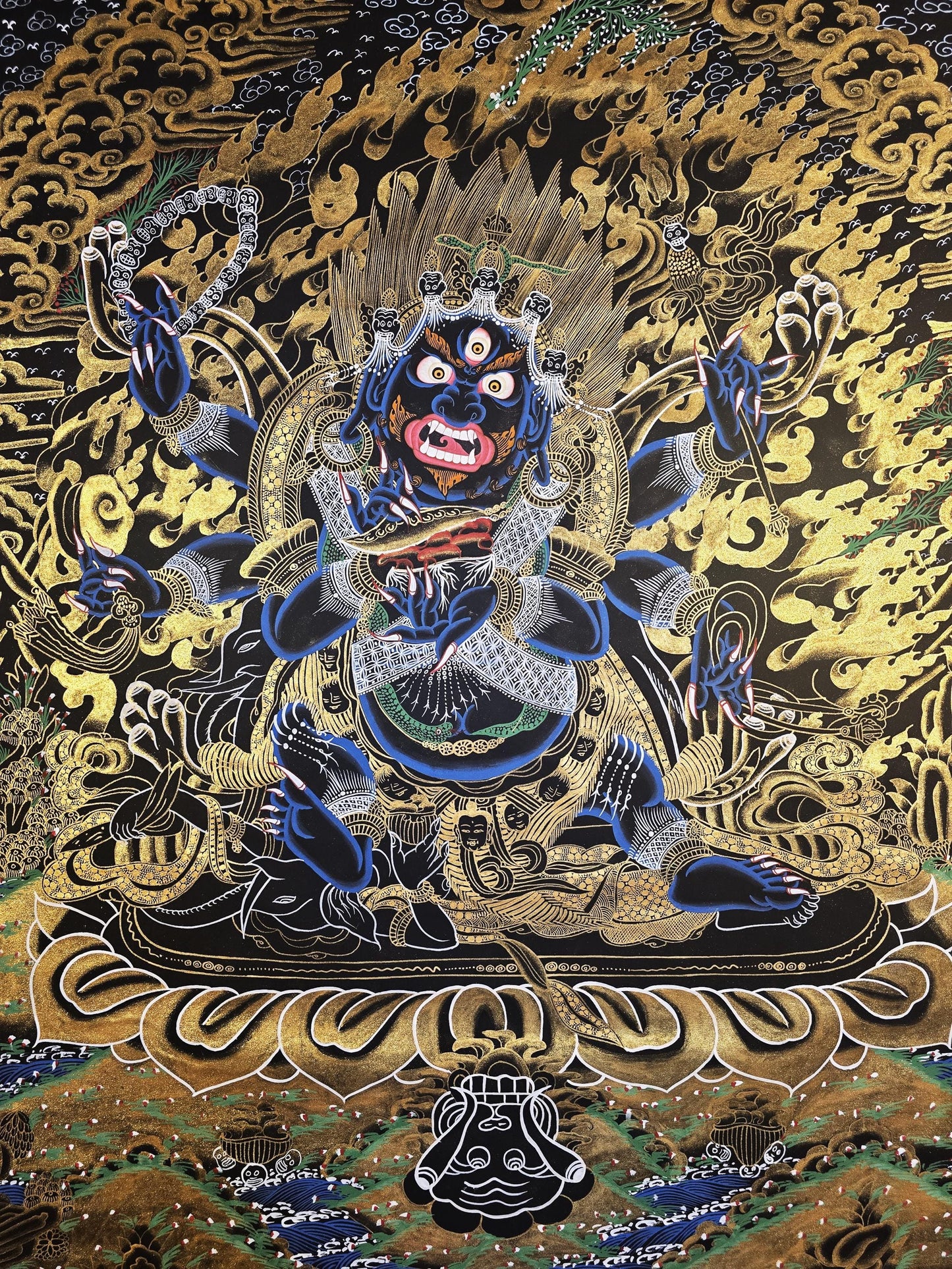 Hand-Painted Six-Armed Mahakala Thangka, Black and Gold Tibetan Art