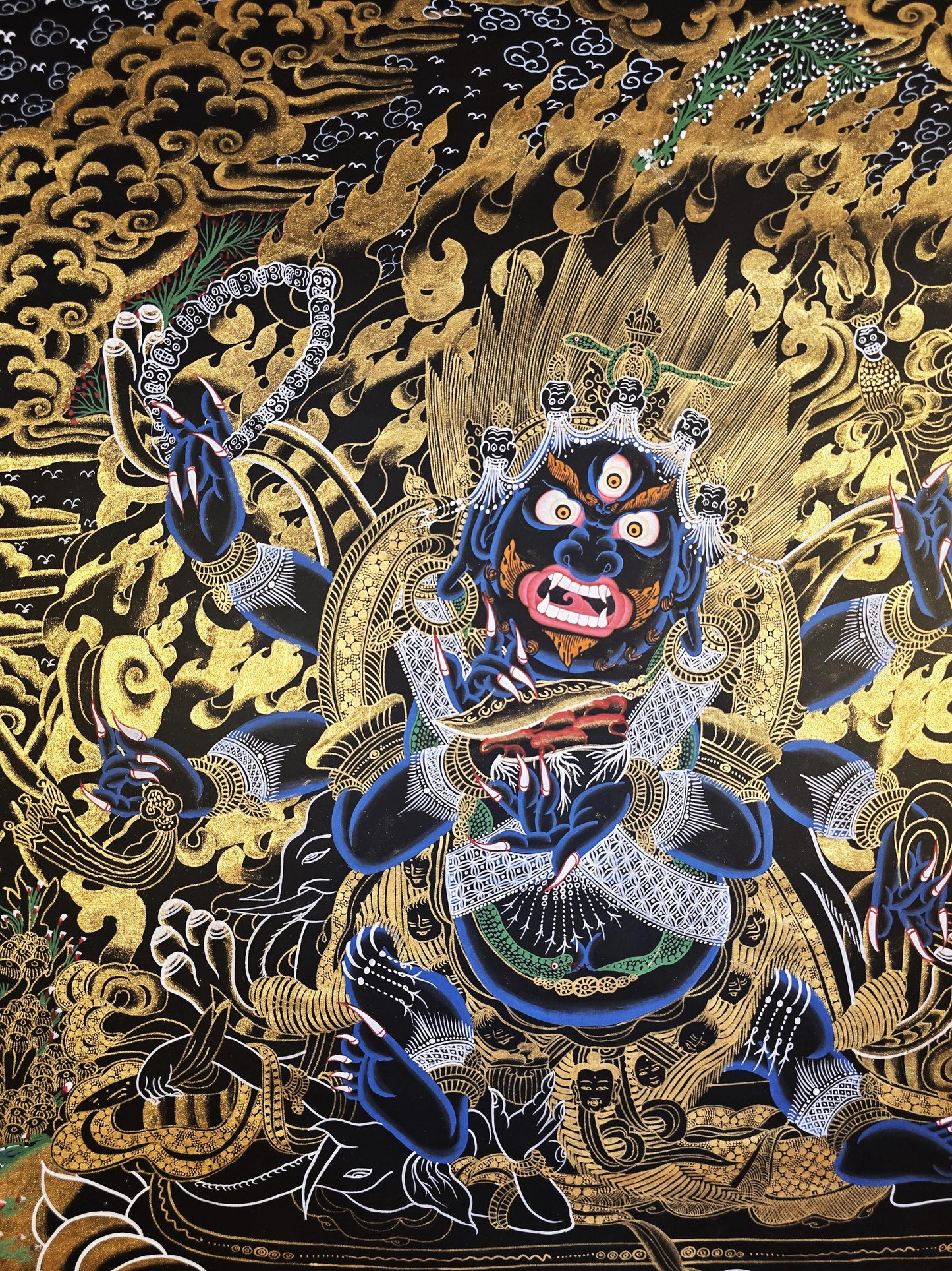 Hand-Painted Six-Armed Mahakala Thangka, Black and Gold Tibetan Art