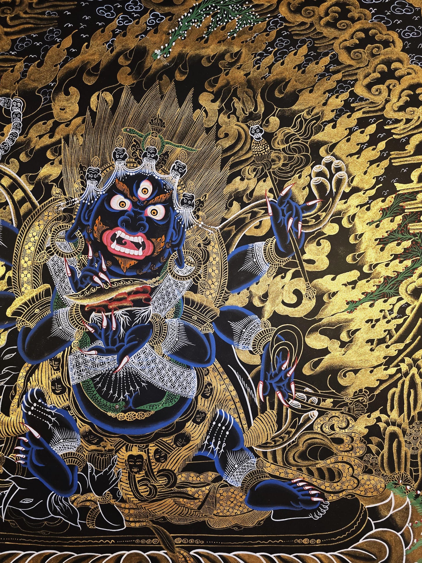 Hand-Painted Six-Armed Mahakala Thangka, Black and Gold Tibetan Art