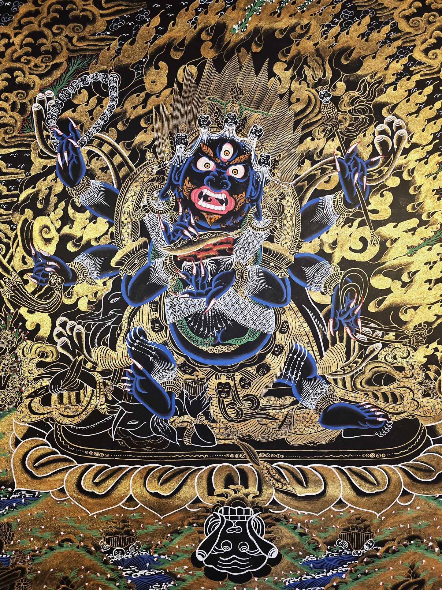Hand-Painted Six-Armed Mahakala Thangka, Black and Gold Tibetan Art