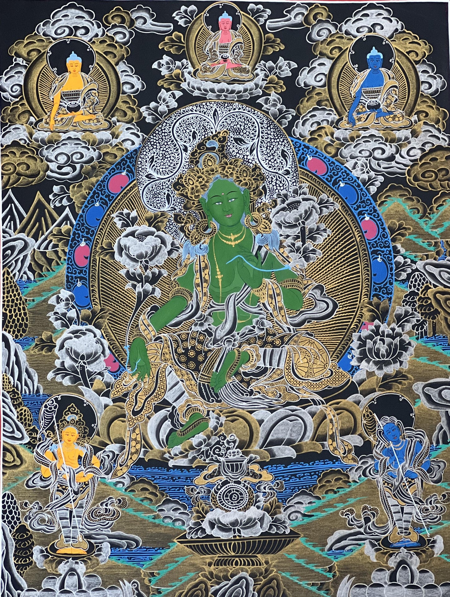 Hand-Painted Green Tara Thangka, Tibetan Meditation Art (18.5x24 in)