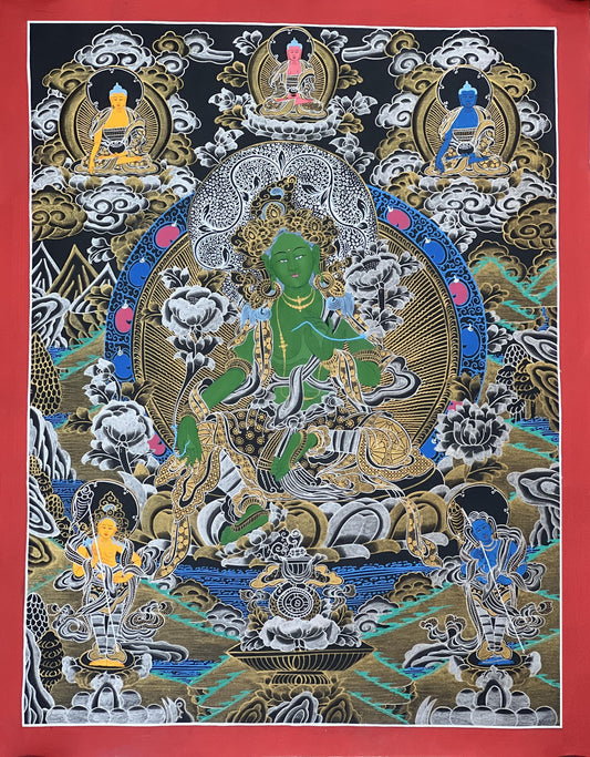 Hand-Painted Green Tara Thangka, Tibetan Meditation Art (18.5x24 in)
