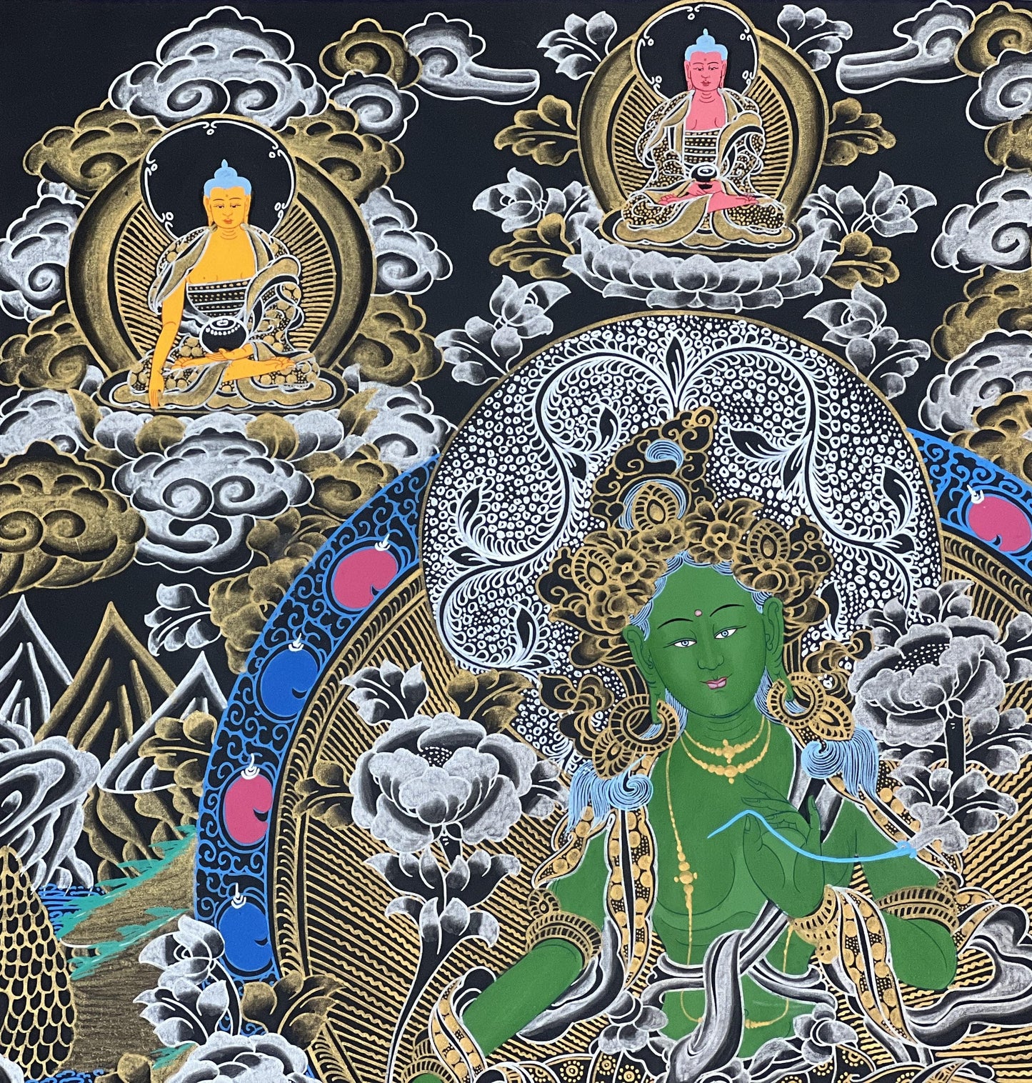 Hand-Painted Green Tara Thangka, Tibetan Meditation Art (18.5x24 in)