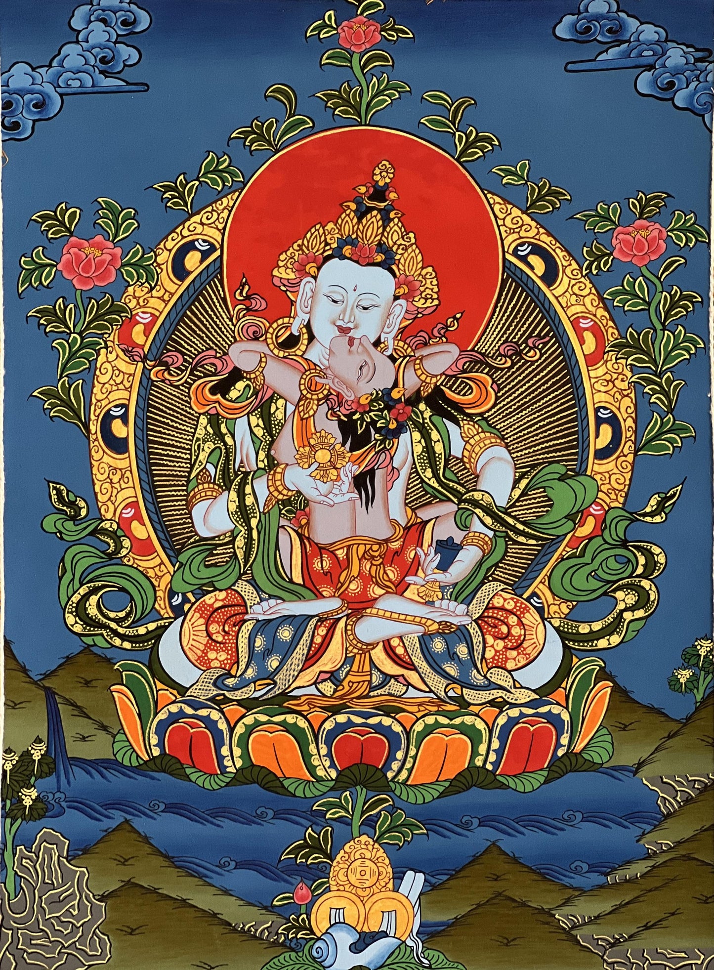Hand-Painted Vajrasattva Thangka Painting with Silk Brocade
