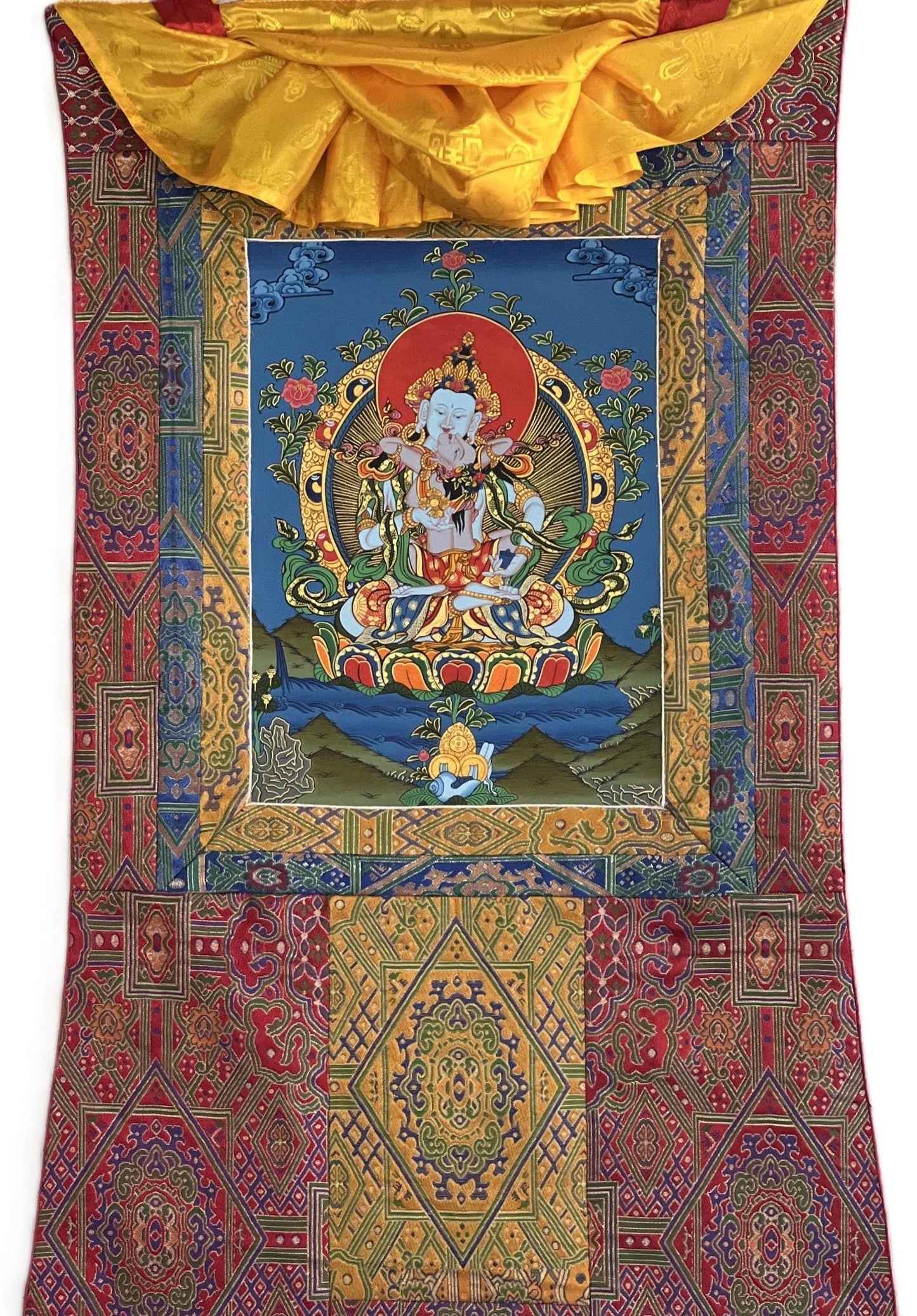Hand-Painted Vajrasattva Thangka Painting with Silk Brocade