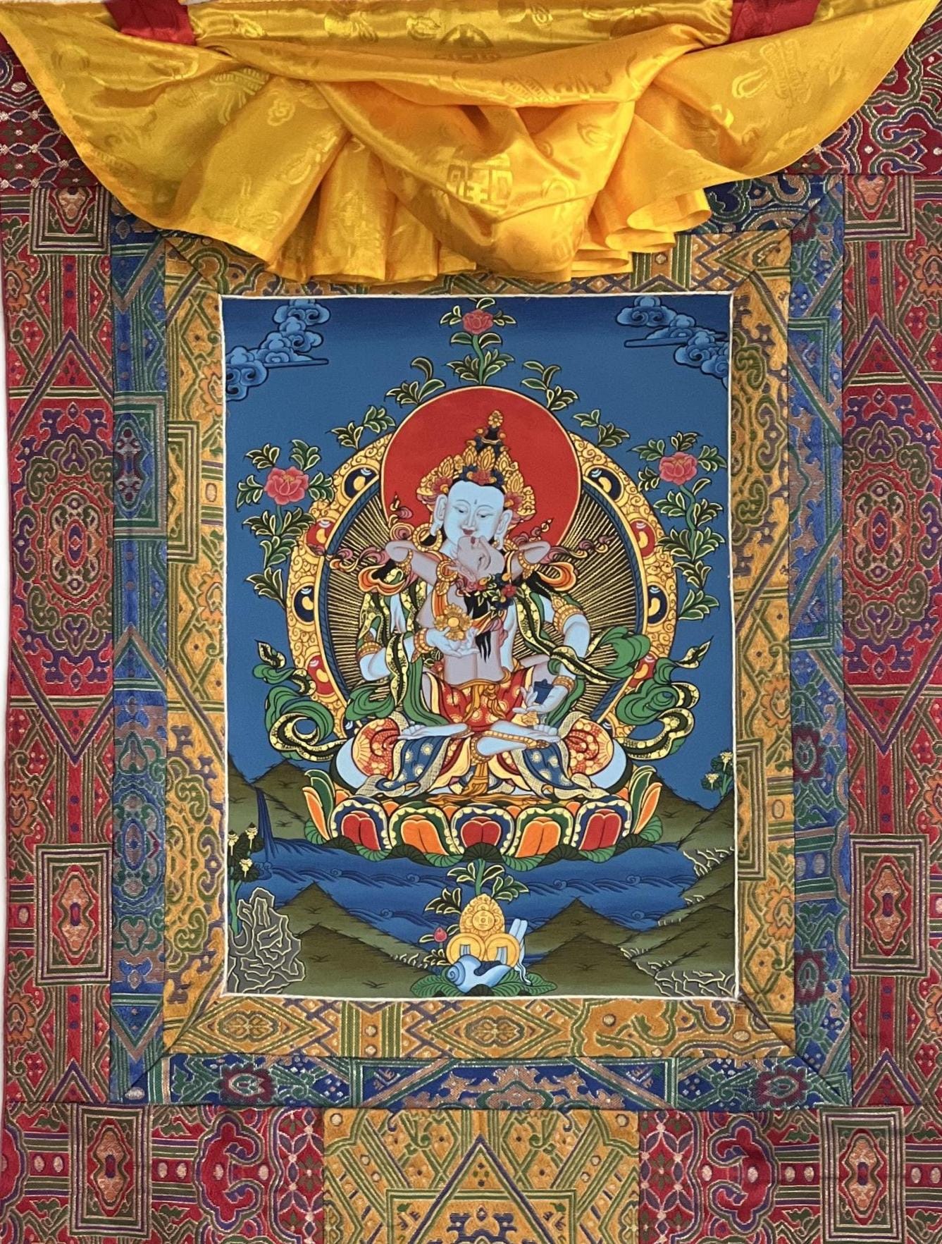 Hand-Painted Vajrasattva Thangka Painting with Silk Brocade
