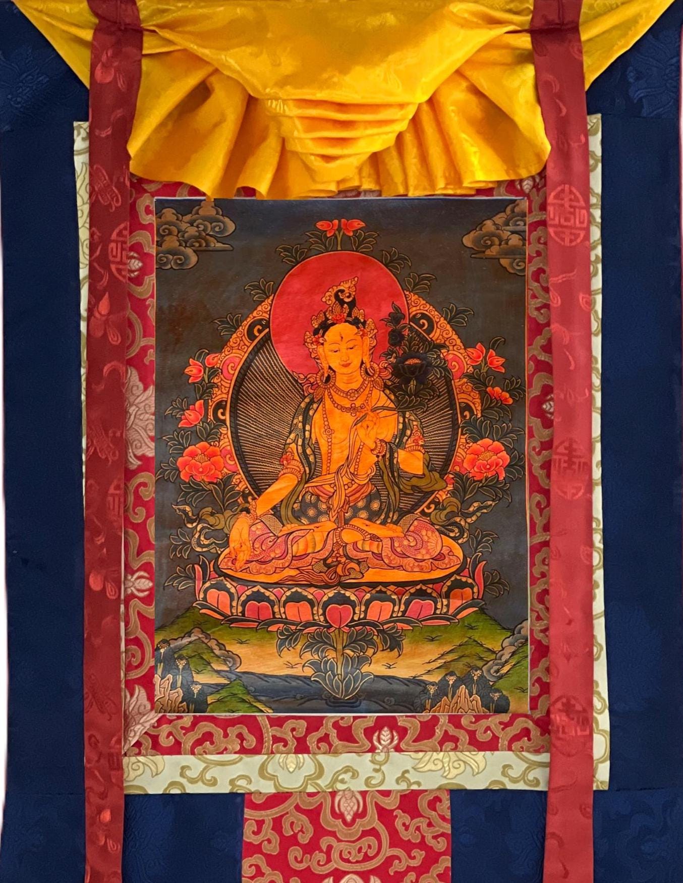 White Tara Thangka Painting, Original Oil-Varnished Tibetan Art