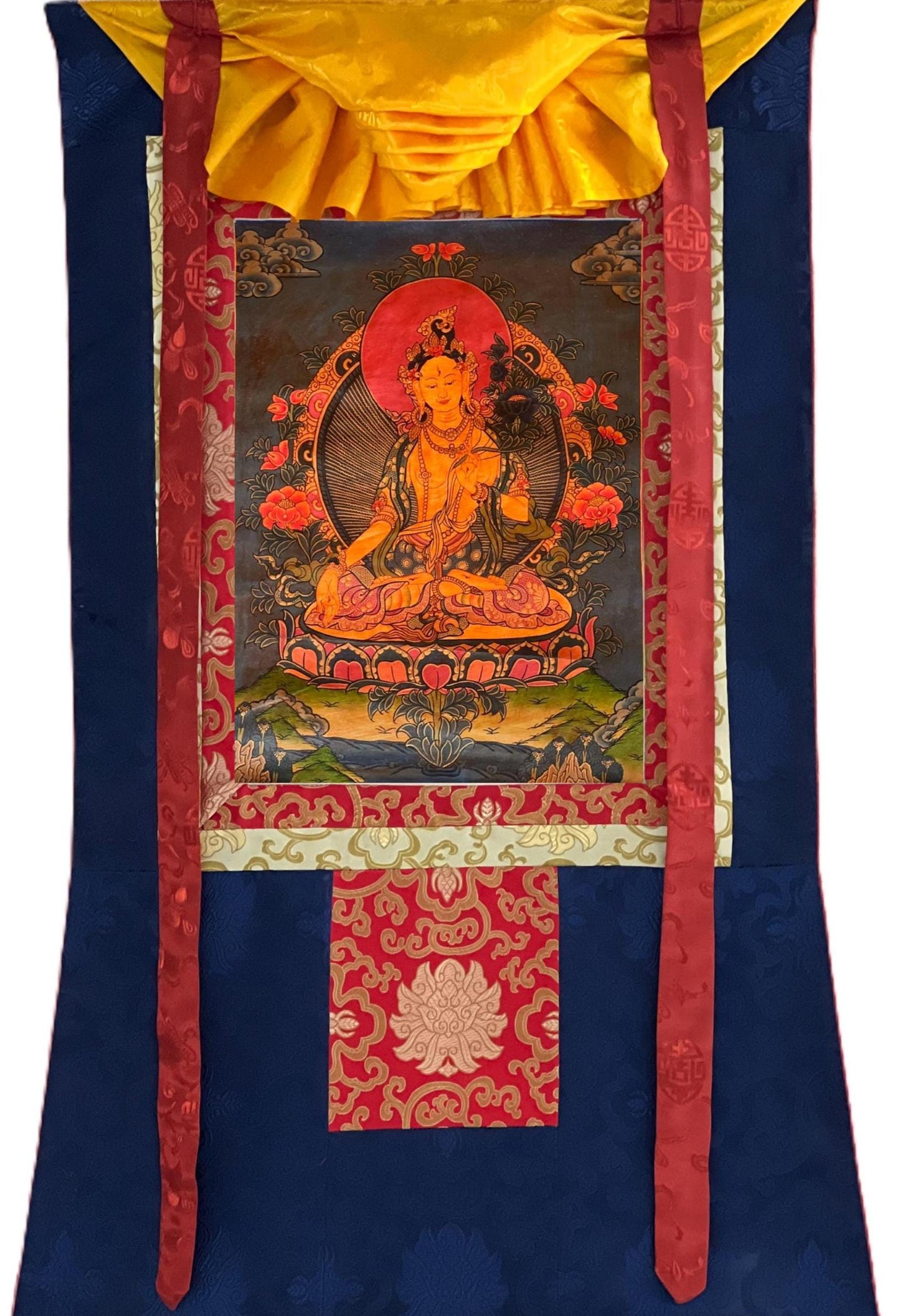 White Tara Thangka Painting, Original Oil-Varnished Tibetan Art