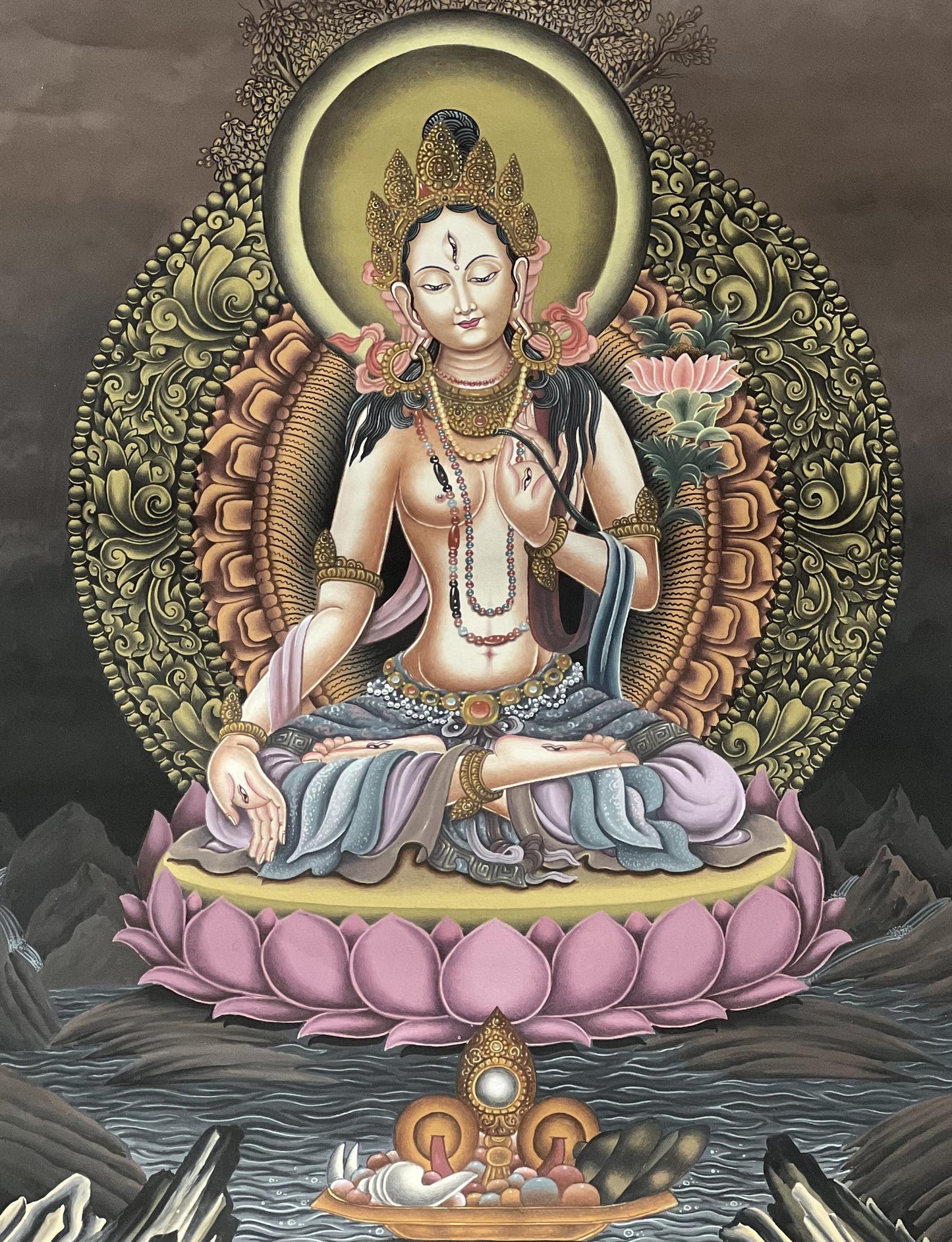 White Tara Newari Paubha Thangka | Hand-Painted Compassion Goddess Art