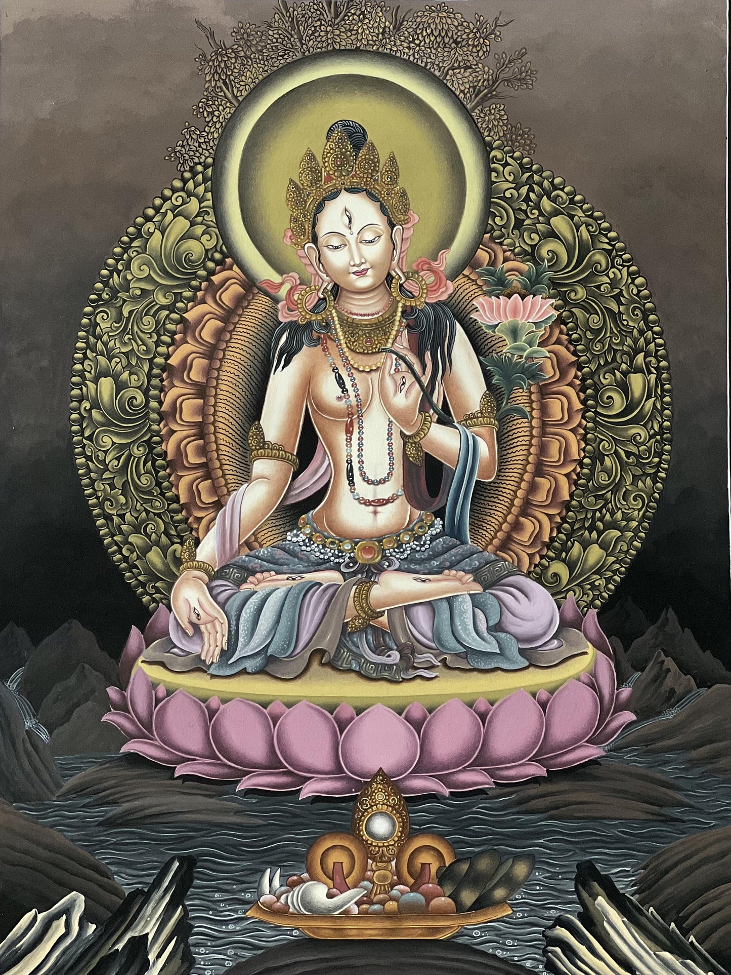 White Tara Newari Paubha Thangka | Hand-Painted Compassion Goddess Art