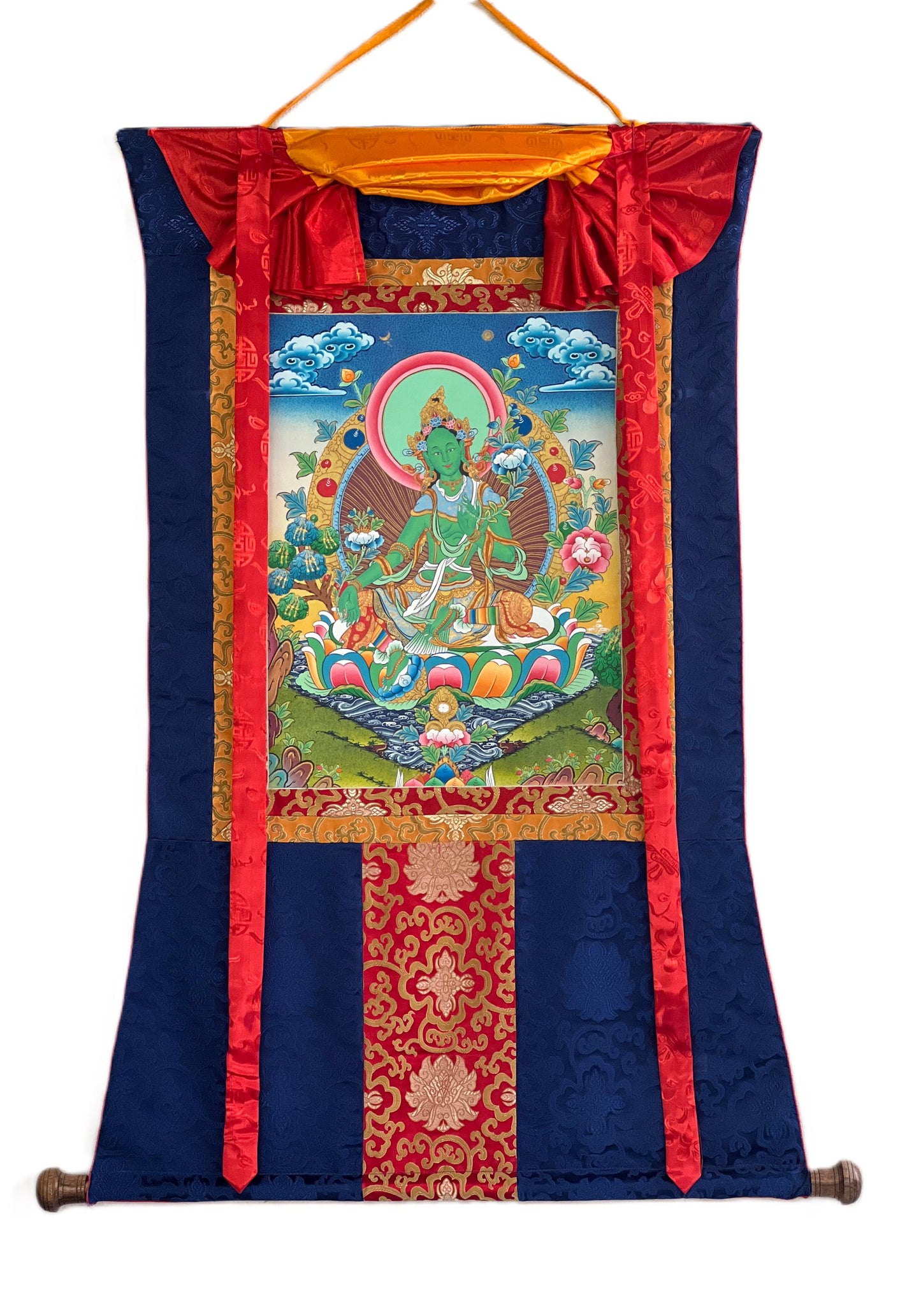Green Tara Thanka Painting, Original Tibetan Silk Brocade Art