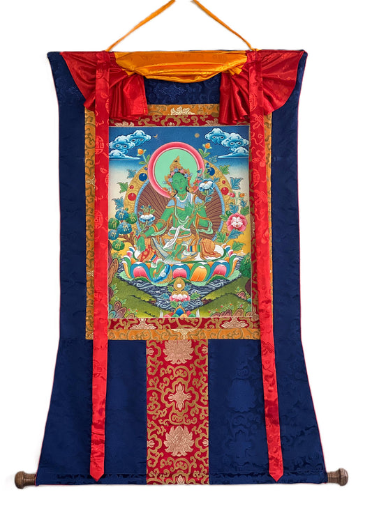 Green Tara Thanka Painting, Original Tibetan Silk Brocade Art