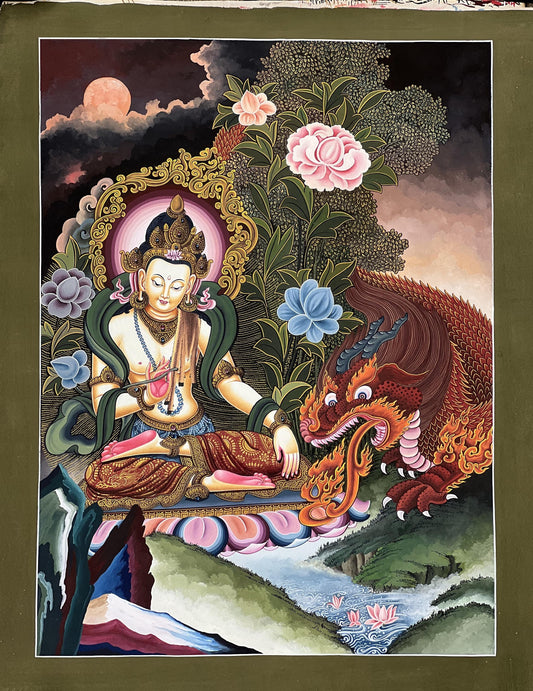 Bodhisattva Dragon Thangka |Original Hand-Painted Tibetan Buddhist Art | Spiritual Wisdom & Protection Decor