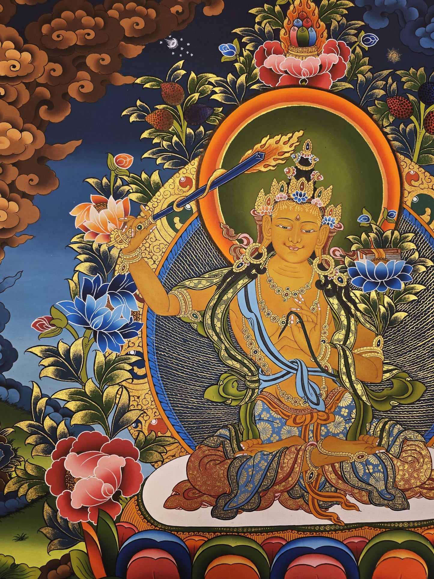 Manjushri Thangka | Hand-Painted Bodhisattva of Wisdom Tibetan Masterpiece