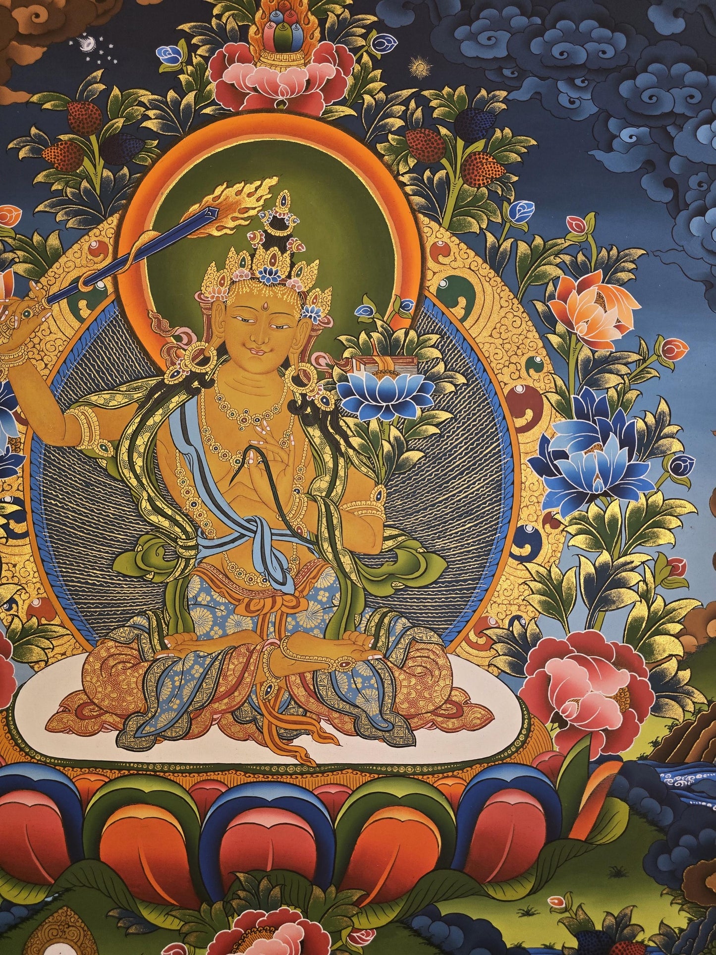 Manjushri Thangka | Hand-Painted Bodhisattva of Wisdom Tibetan Masterpiece
