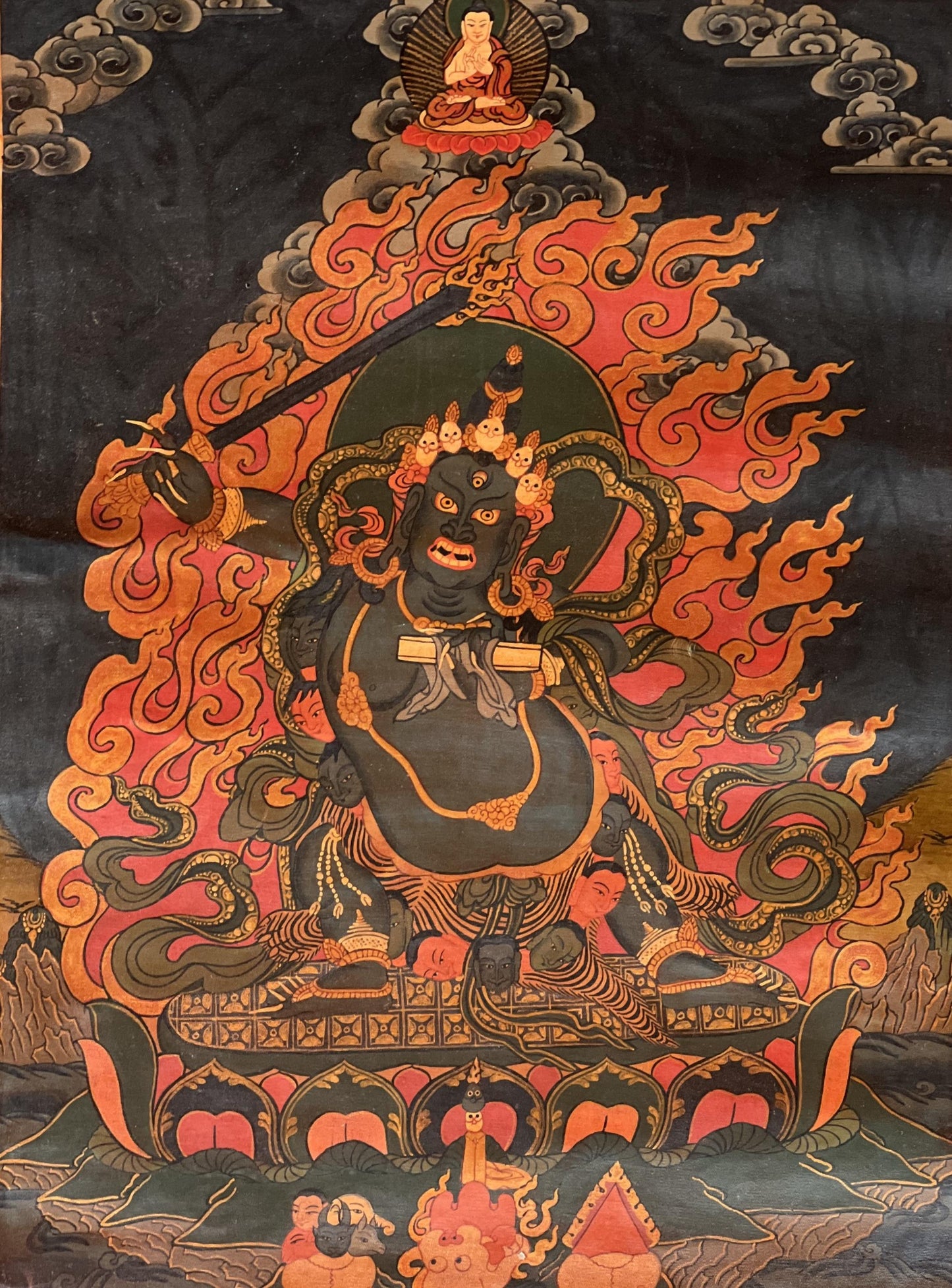 Hand-Painted Black Manjushri Thangka Painting with Silk Brocade