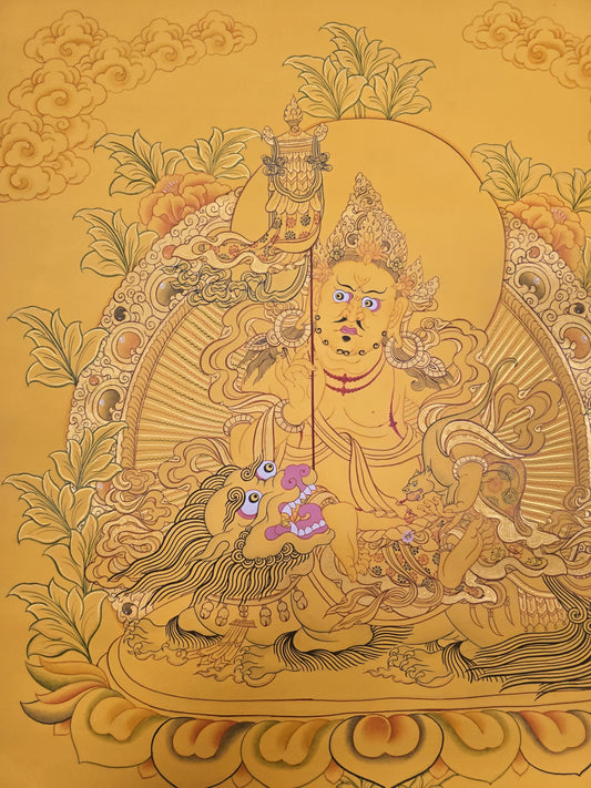 Hand-Painted Jambhala Thangka | Kubera on Snow Lion, Tibetan Wall Hanging
