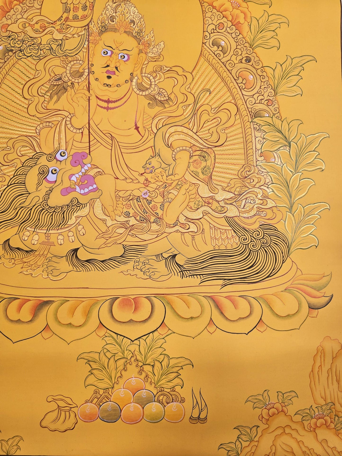 Hand-Painted Jambhala Thangka | Kubera on Snow Lion, Tibetan Wall Hanging