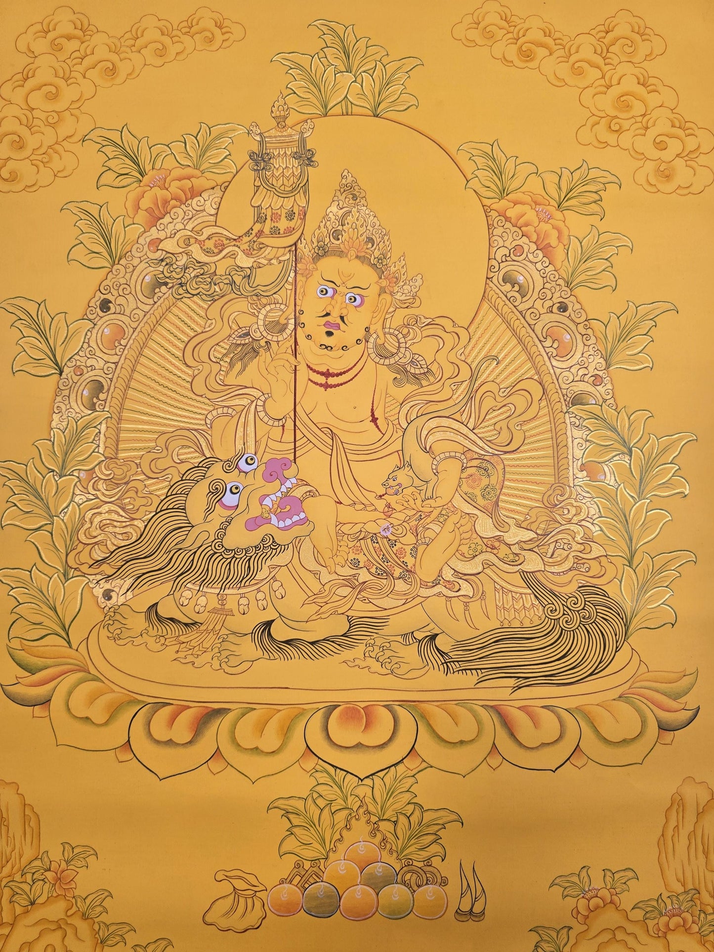 Hand-Painted Jambhala Thangka | Kubera on Snow Lion, Tibetan Wall Hanging