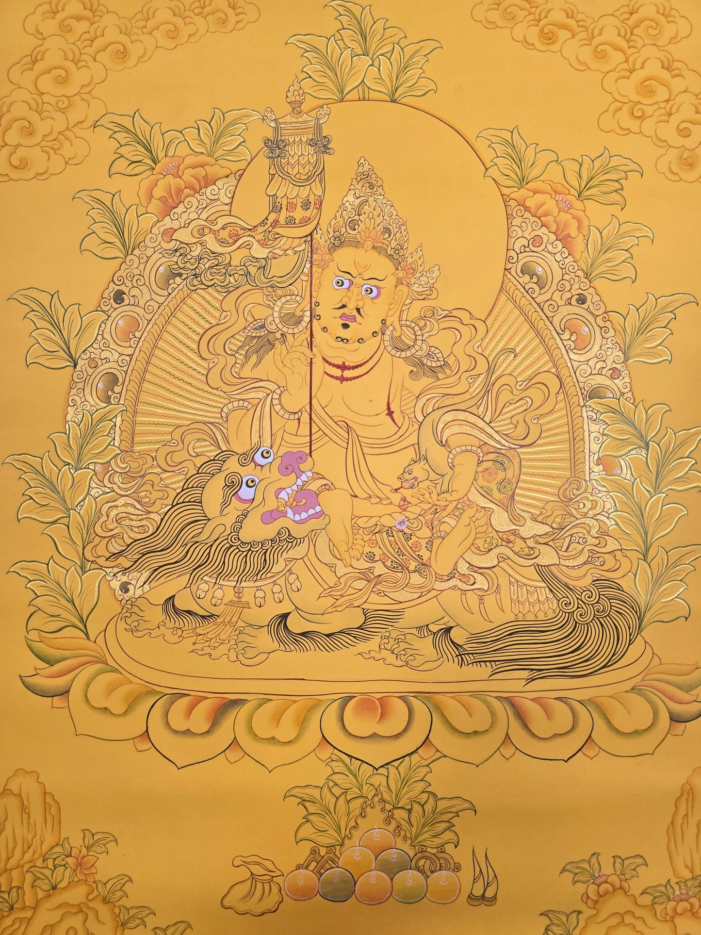 Hand-Painted Jambhala Thangka | Kubera on Snow Lion, Tibetan Wall Hanging