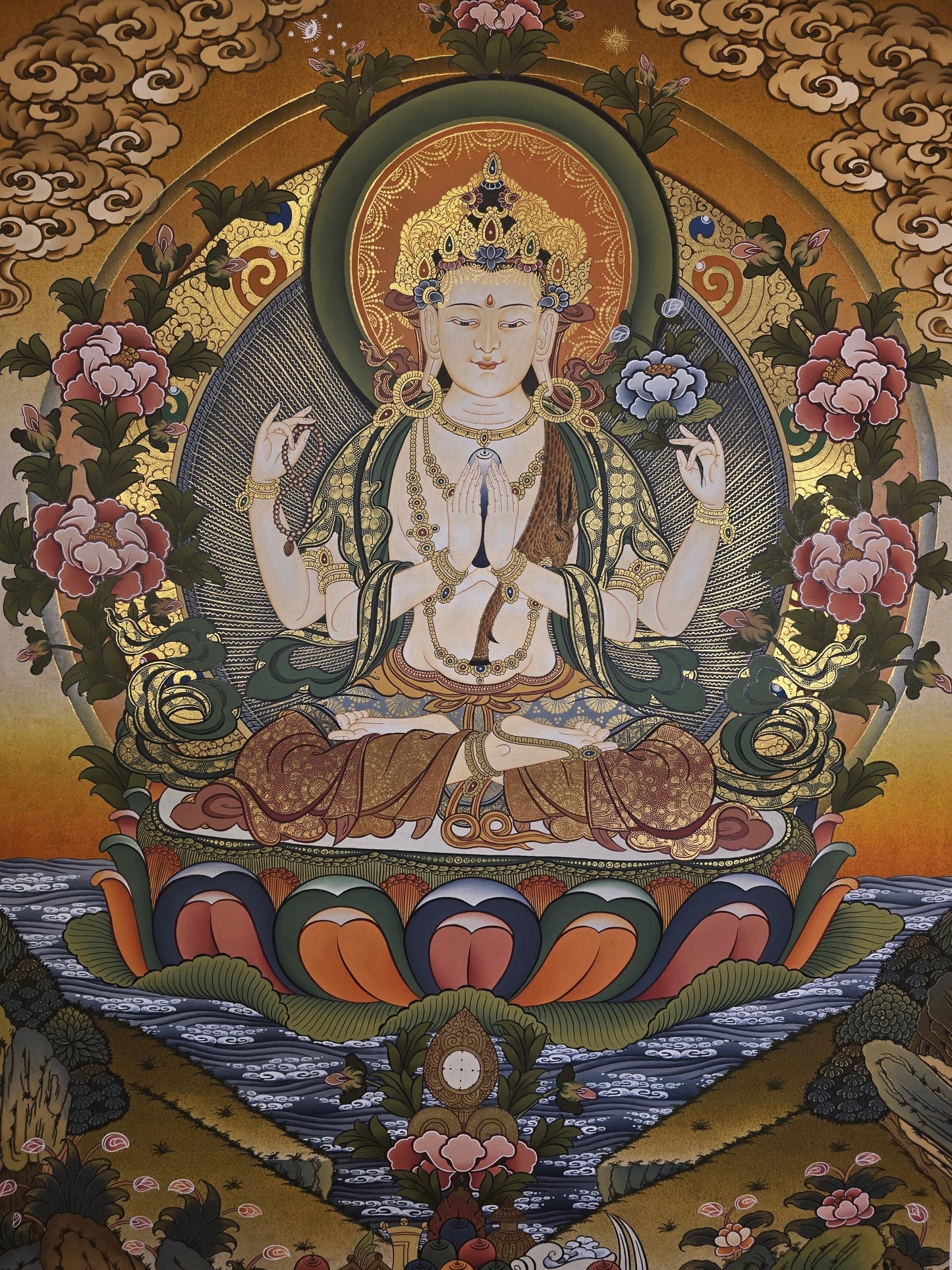 Original Hand-Painted Chenrezig Thangka | Avalokiteshvara Compassion Buddha | Tibetan Masterpiece Wall Hanging for Meditation
