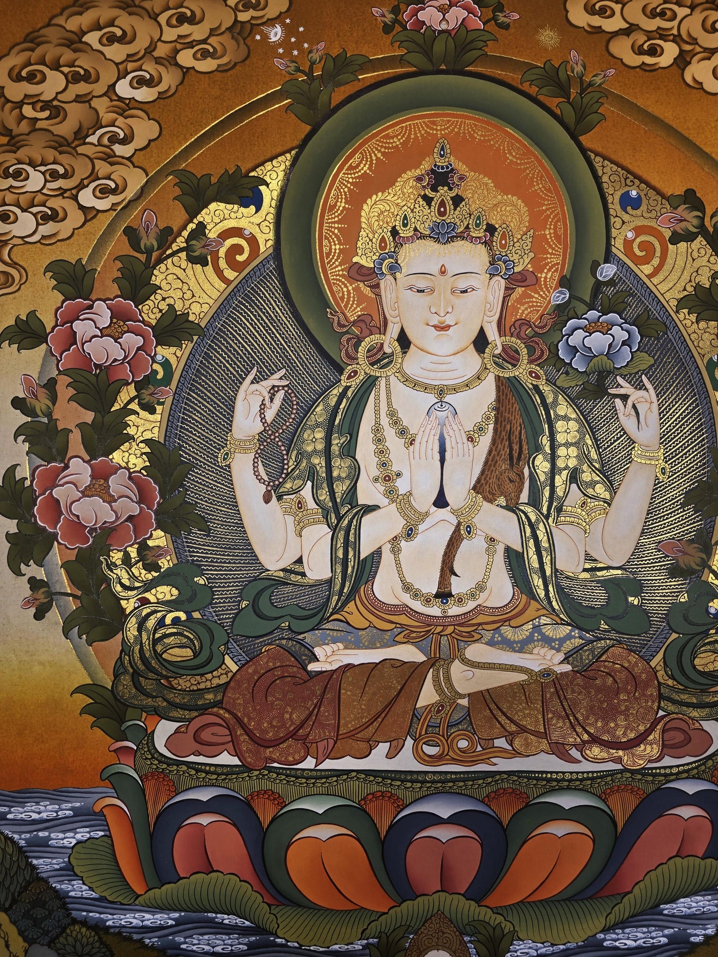 Original Hand-Painted Chenrezig Thangka | Avalokiteshvara Compassion Buddha | Tibetan Masterpiece Wall Hanging for Meditation