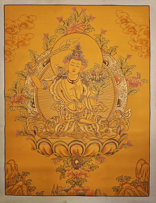 Original Hand-Painted Manjushri Thangka | Bodhisattva of Wisdom | Manjusri/Manjushree/Jampelyang Tibetan Wall Hanging Masterpiece