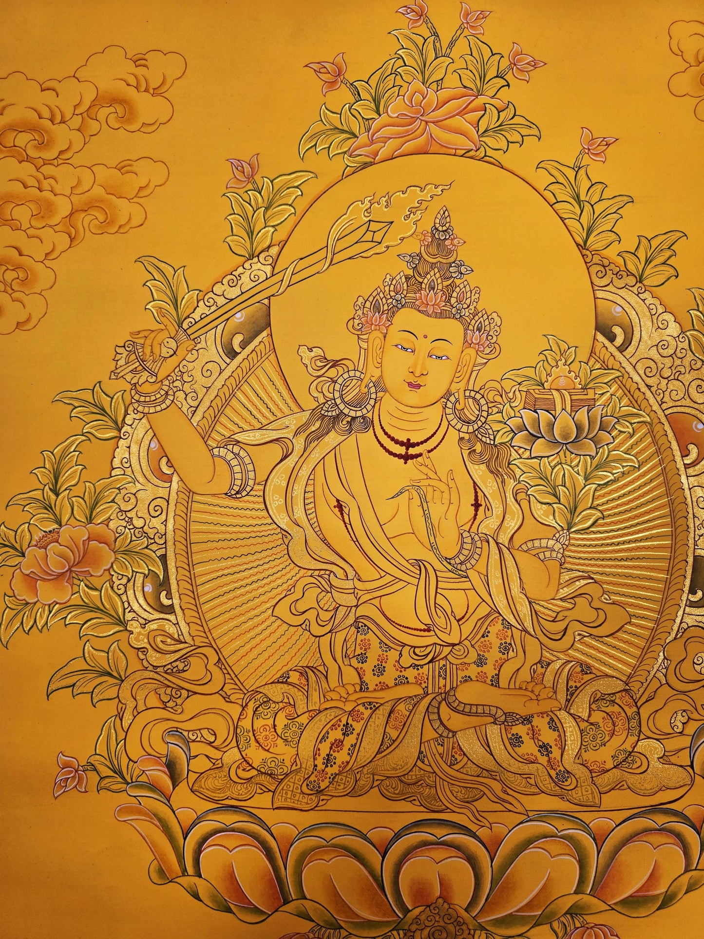 Original Hand-Painted Manjushri Thangka | Bodhisattva of Wisdom | Manjusri/Manjushree/Jampelyang Tibetan Wall Hanging Masterpiece