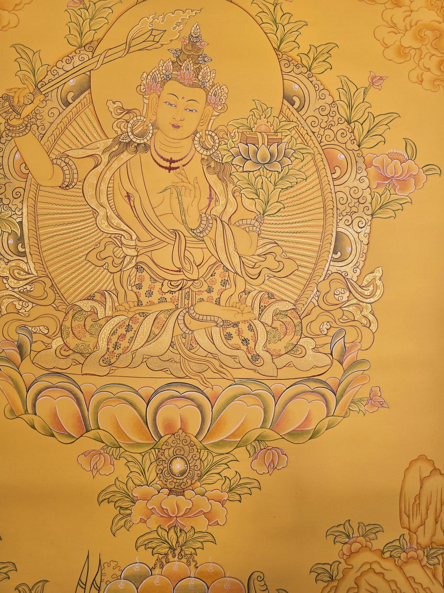 Original Hand-Painted Manjushri Thangka | Bodhisattva of Wisdom | Manjusri/Manjushree/Jampelyang Tibetan Wall Hanging Masterpiece