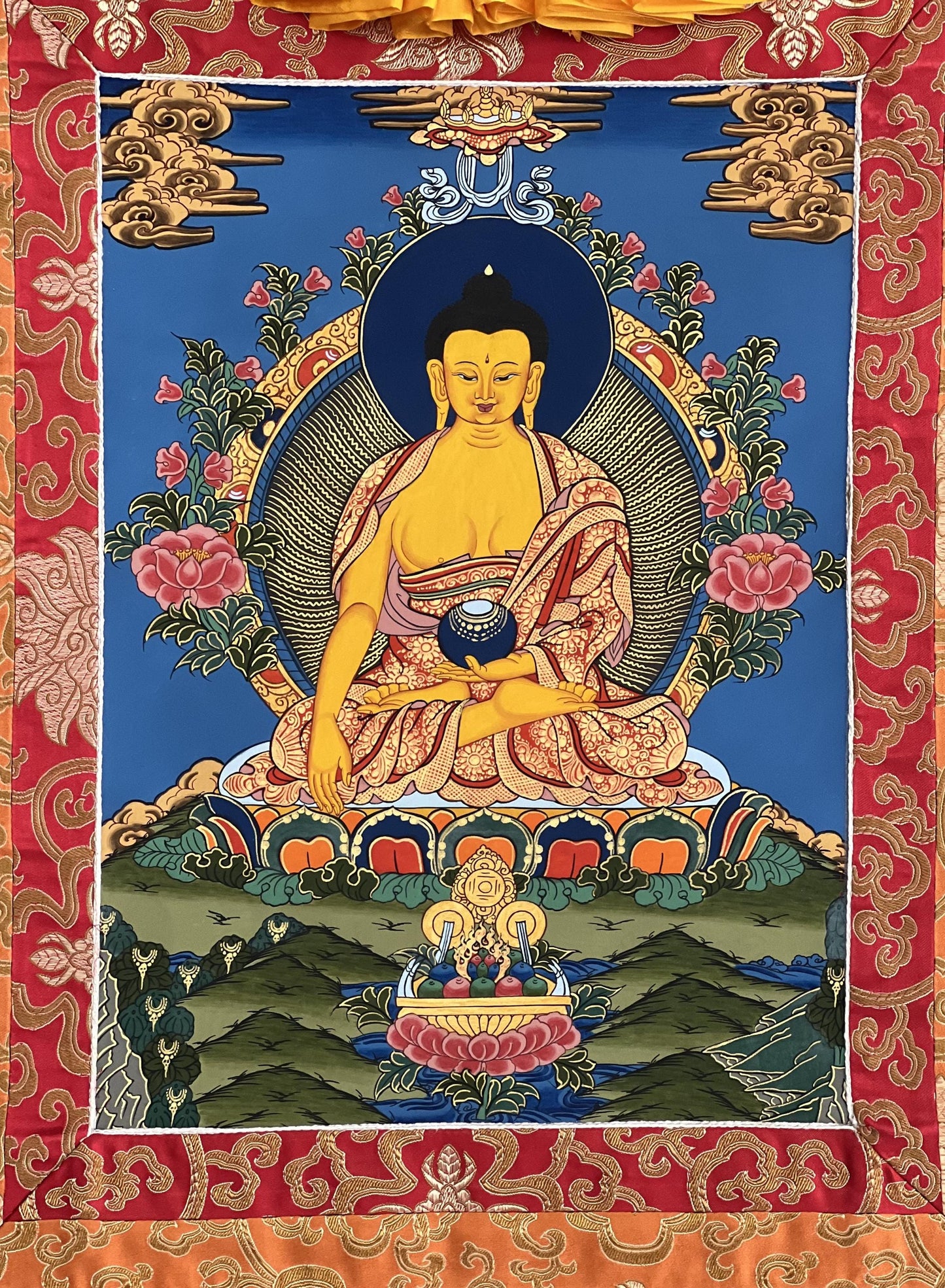 Hand-Painted Shakyamuni Buddha Thangka | Silk Brocade, Spiritual Wall Art