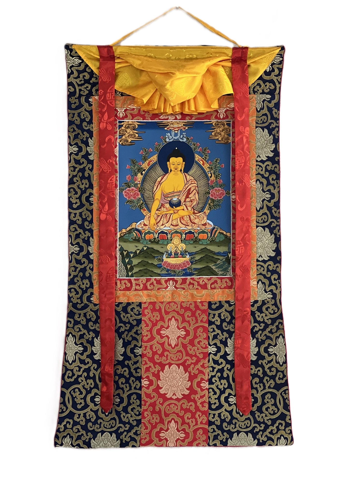Hand-Painted Shakyamuni Buddha Thangka | Silk Brocade, Spiritual Wall Art