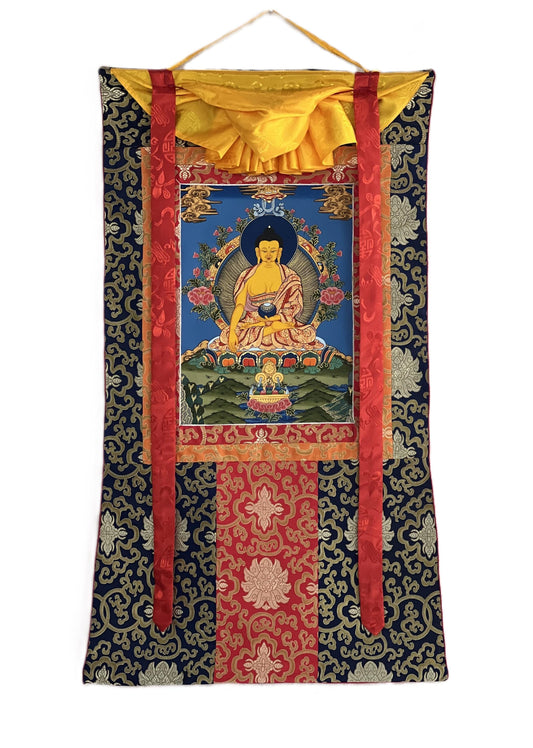 Hand-Painted Shakyamuni Buddha Thangka | Silk Brocade, Spiritual Wall Art