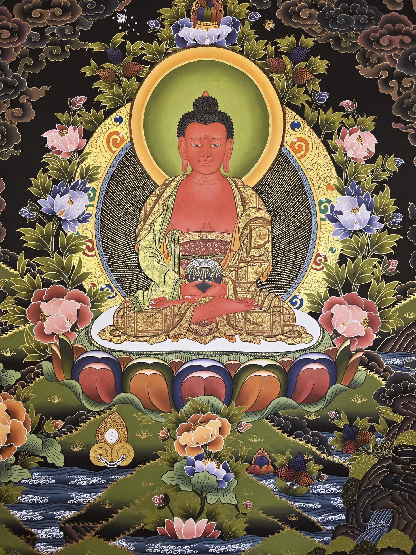 Original Hand-Painted Amitabha Buddha Thangka | Gold Tibetan Masterpiece | Compassion & Meditation Wall Hanging from Nepal