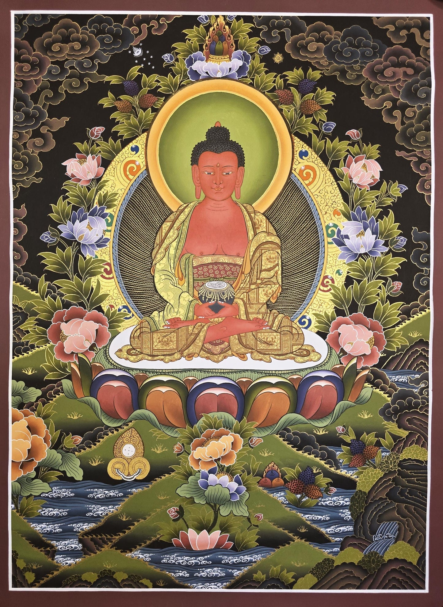 Original Hand-Painted Amitabha Buddha Thangka | Gold Tibetan Masterpiece | Compassion & Meditation Wall Hanging from Nepal