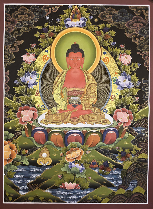 Original Hand-Painted Amitabha Buddha Thangka | Gold Tibetan Masterpiece | Compassion & Meditation Wall Hanging from Nepal