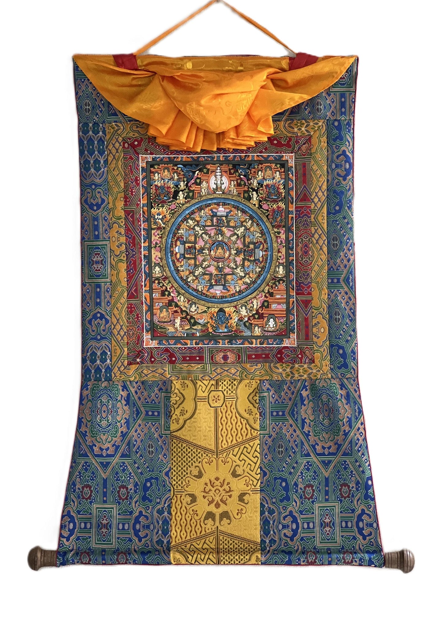 Hand-Painted Buddha Life Mandala Thangka: Tibetan Silk Brocade Wall Hanging