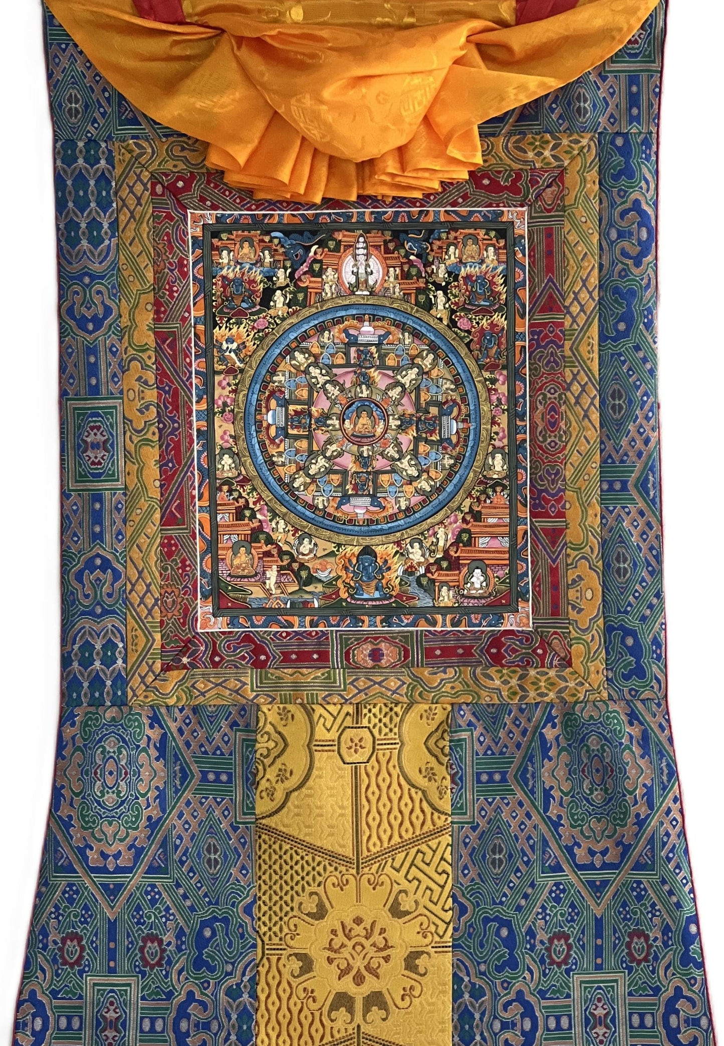 Hand-Painted Buddha Life Mandala Thangka: Tibetan Silk Brocade Wall Hanging