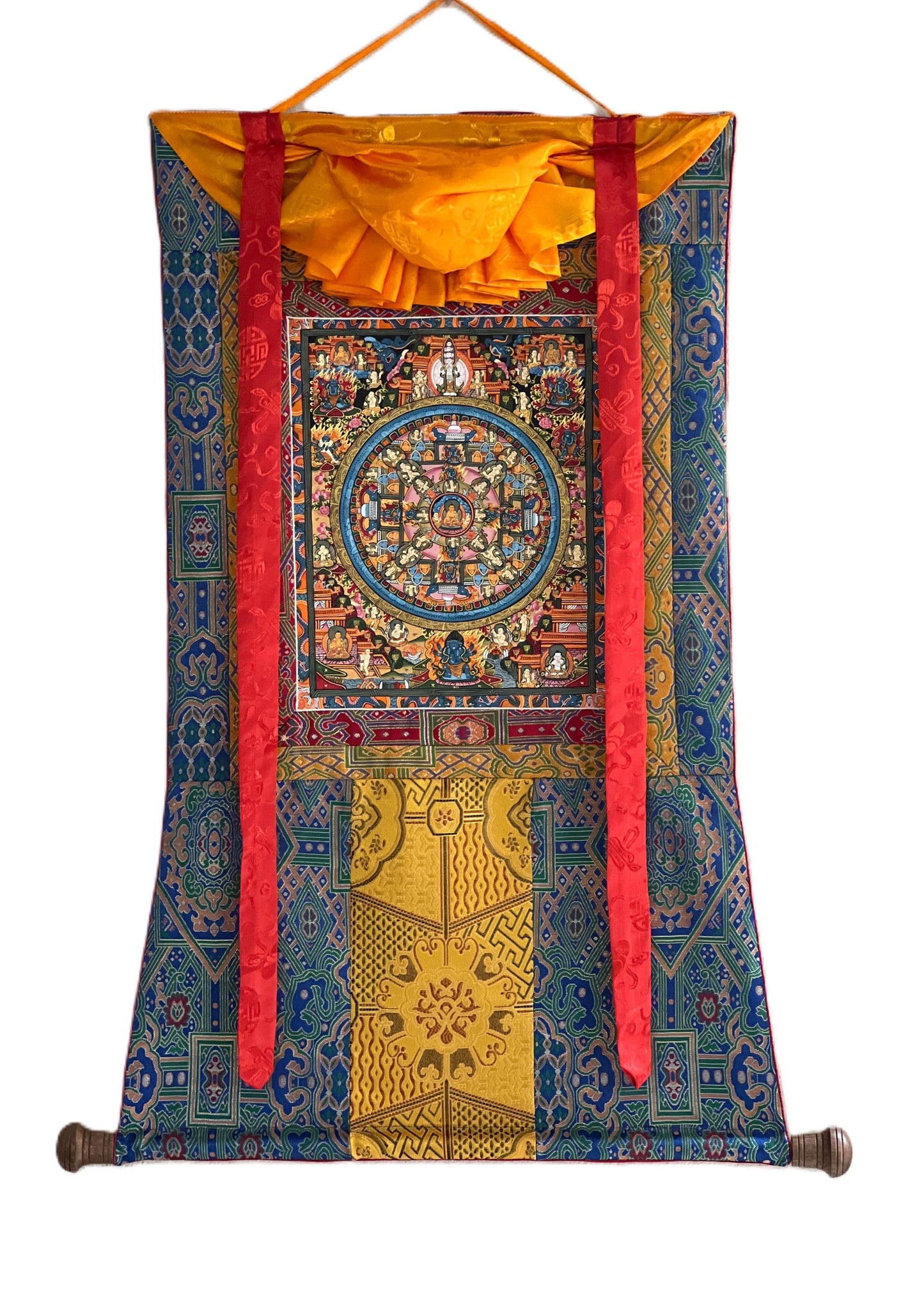 Hand-Painted Buddha Life Mandala Thangka: Tibetan Silk Brocade Wall Hanging